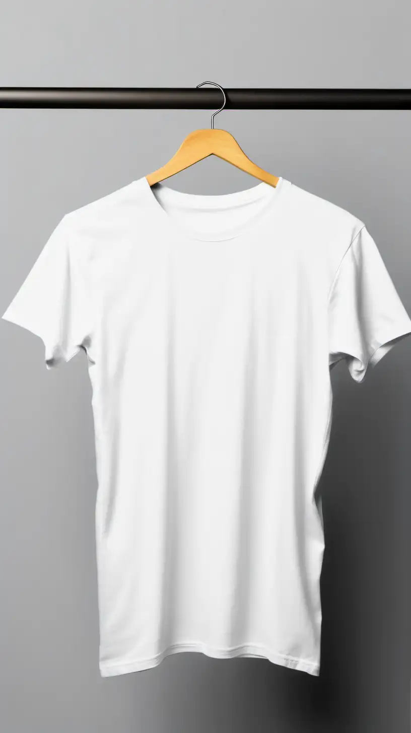 Blank White mens golden t-shirt mockup, have shirt handing on a hanger, have the shirt look bulky, have a studio off white background