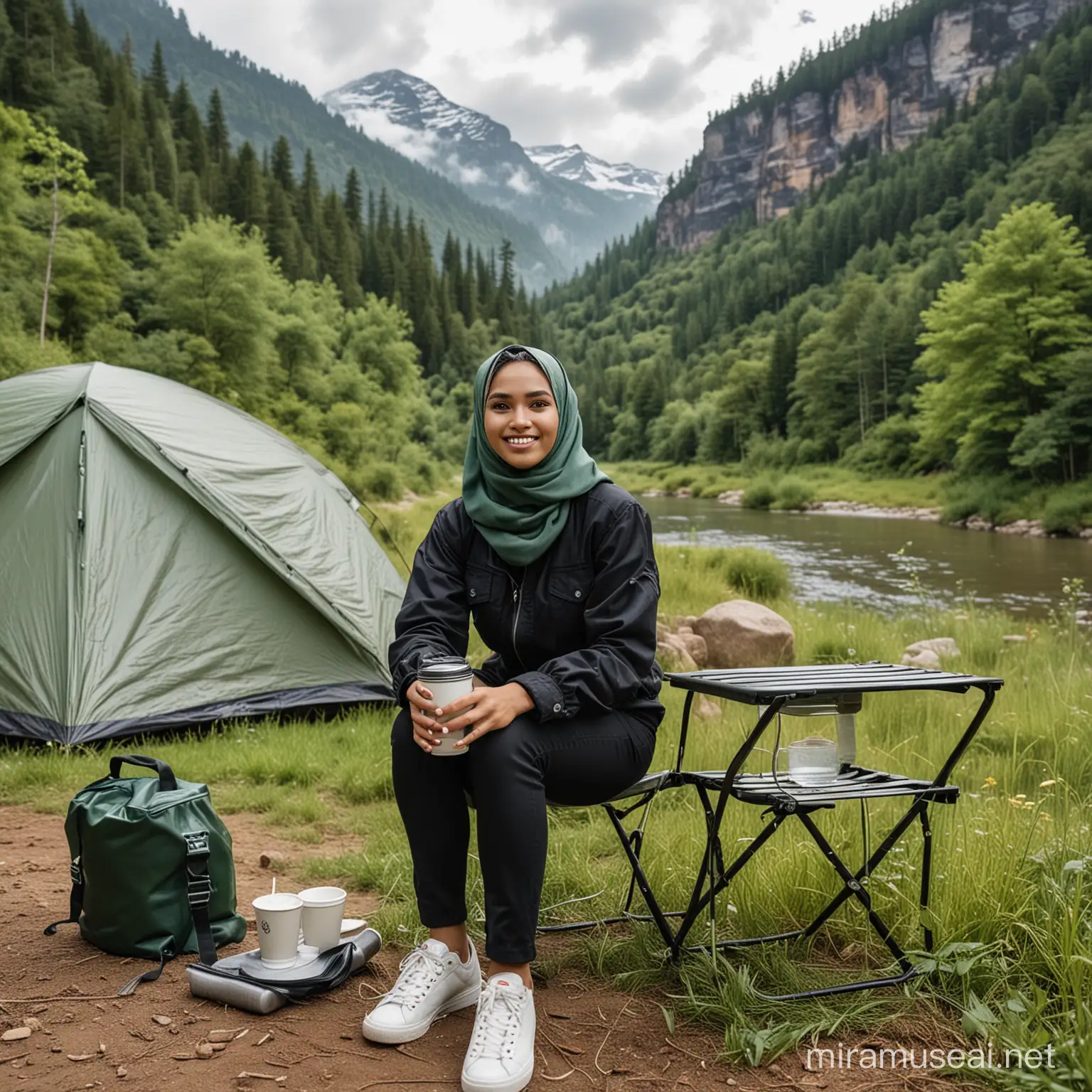 This beautiful Indonesian woman wearing a hijab has a clean face, wearing a black trucker jacket, black pants and white shoes. Sit on a portable folding chair in front of the tent. Next to him was a cup of hot coffee and a thermos of hot water placed on a portable folding table. It is located on the banks of the American River and the surrounding grass is very green and fresh, with a backdrop of high forested mountains in. White clouds in the sky, minimal light. Ultra HD, original photo, high detail, ultra sharp, 18mm lens, realistic, photography, Leica camera