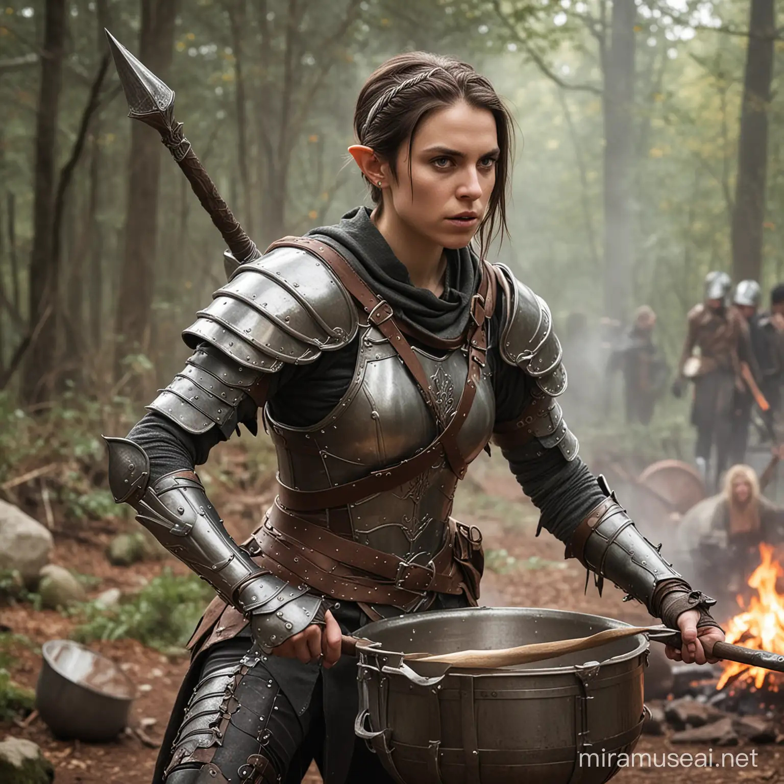 A genderqueer half-elf wearing armor and fighting a battle with a large spoon and wearing metal cooking pot