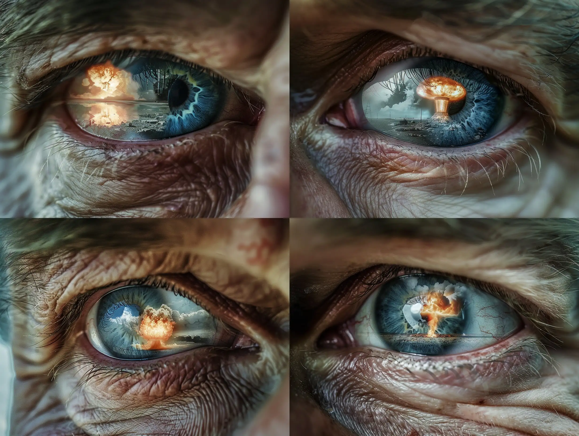 Detailed and very realistic colour photographic shot of tired soldier's blue eye. In the reflection in his eye we can verry well see a shiny mushroom cloud of nuclear explosion.