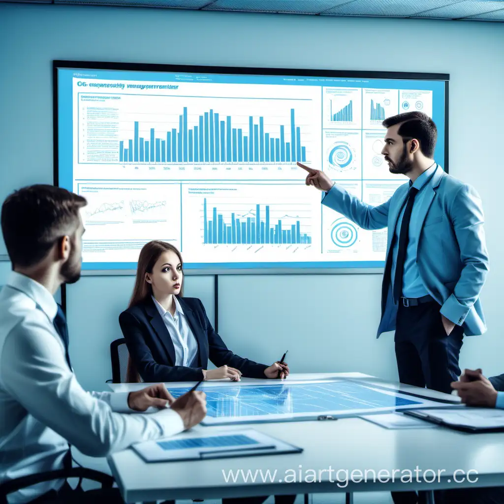 Начальник офиса указывает на доску, на которой изображена статистика кибербезопаности, а его подчиненные слушают за столом, смотря на диаграммы. Изображение выполнено в светло-синим оттенке