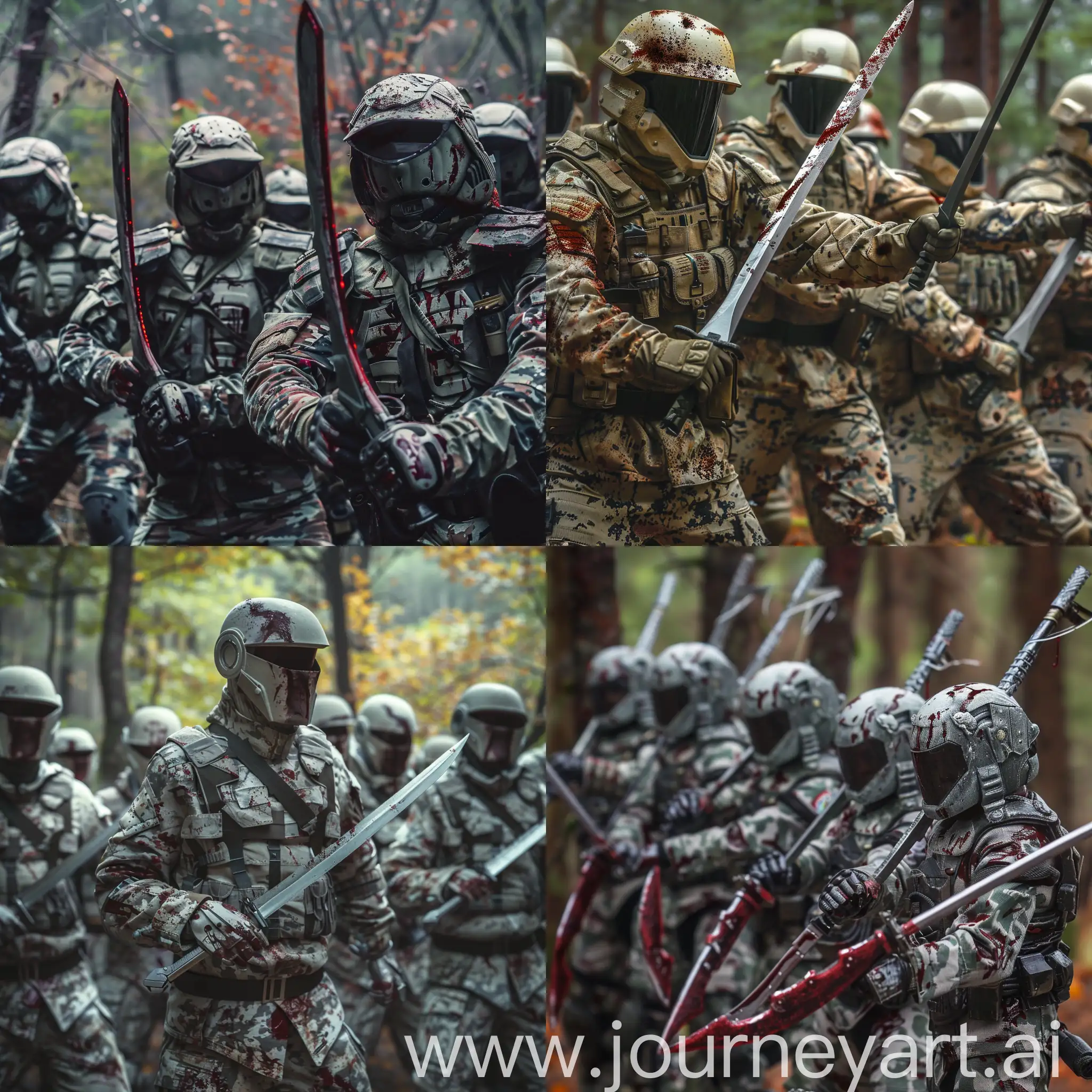 A squad of Dune sardaukar sci-fi soldiers armed with futuristic katana-like swords. Their camouflage tactical suits are lightly covered with their enemies blood. They are stationed in the forest, and are eager for battle. They are wearing an SS-like uniform and  they are professional mercenaries.