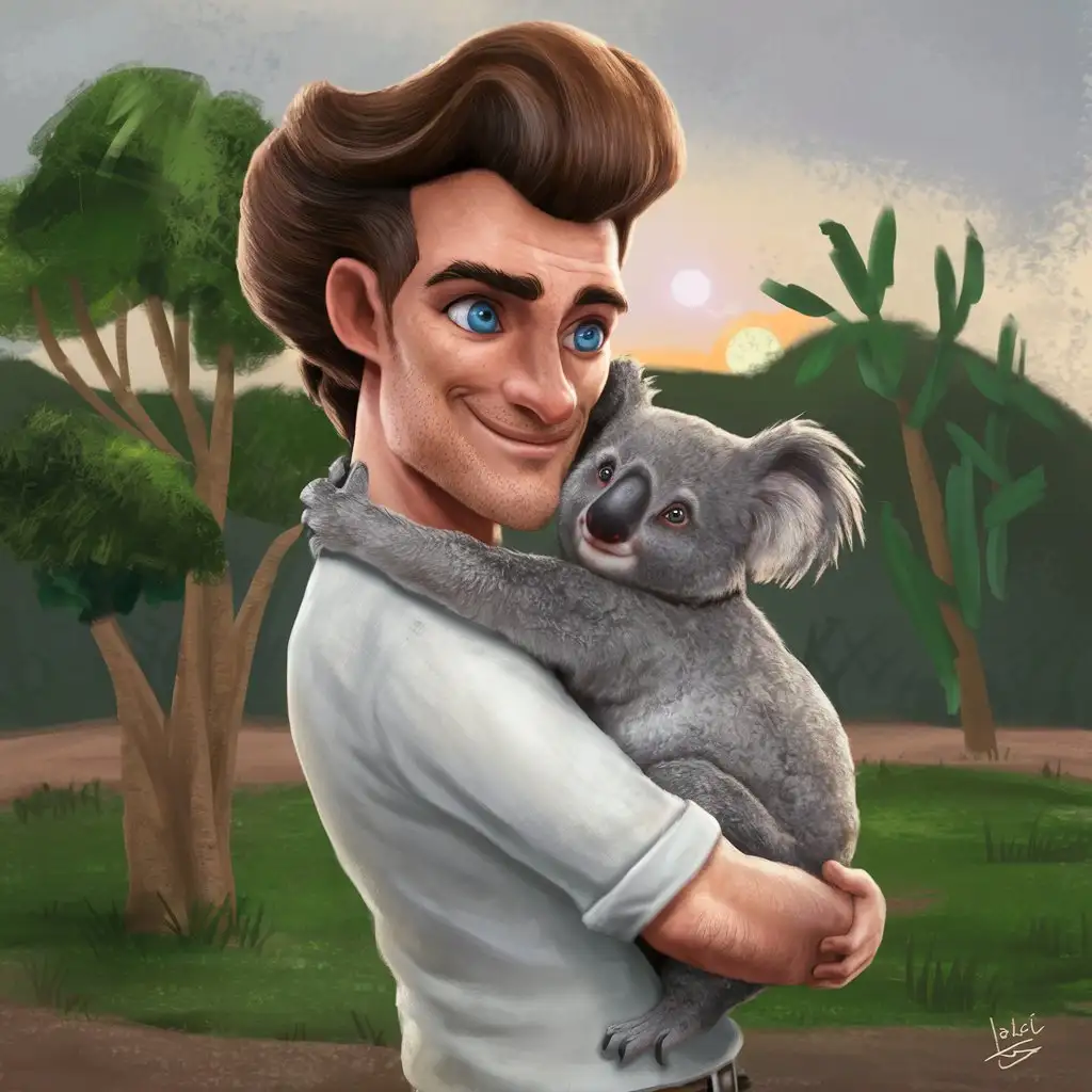 A tall man with blue eyes and big wavy brown fade quiff holding a koala that is wrapped around him