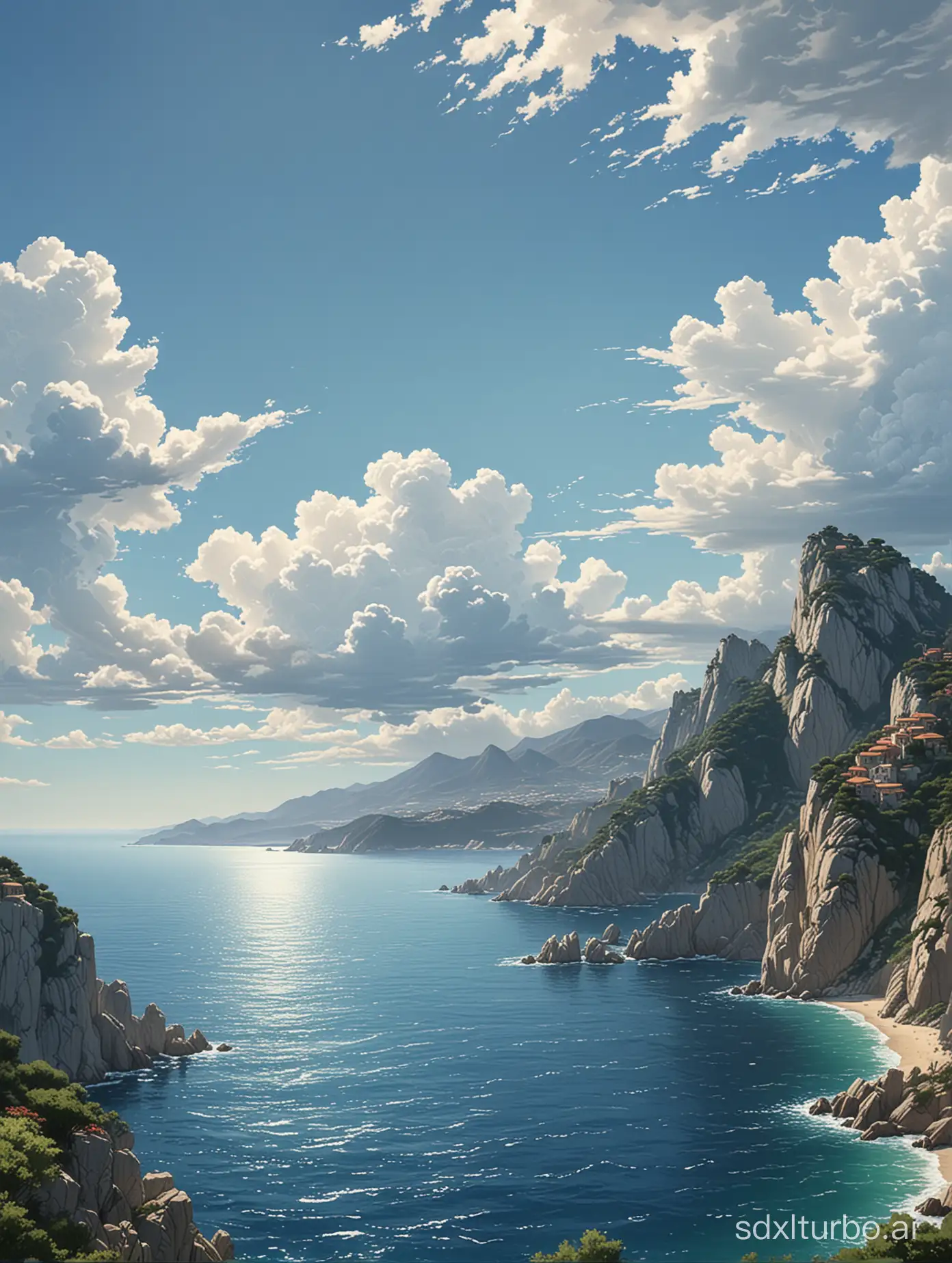 Mediterranean mountains with sea. The sea is only slightly visible to the right. Studio Ghibli style. Distant View ,blue sky, fluffy white clouds