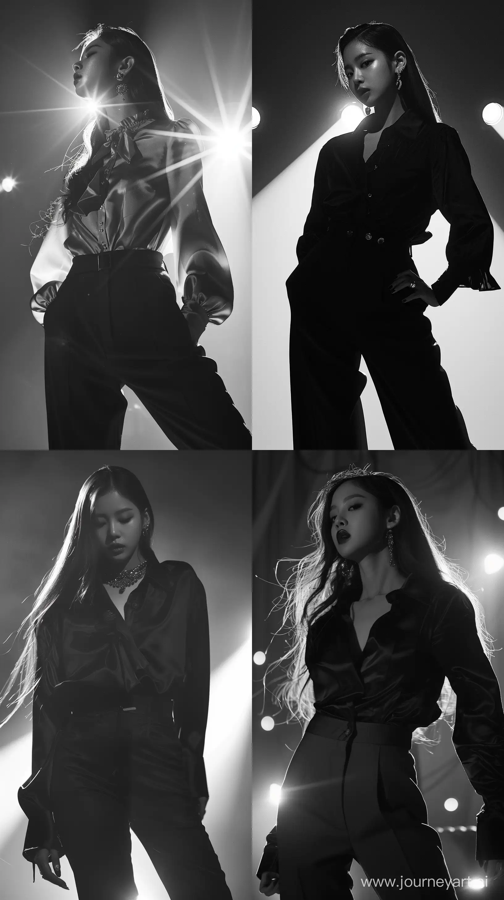 jennie blackpink's silhoutte,oversizef blouse and oversize suit pants,dramatic angle and lights black and white album cover, --ar 9:16 --v 6