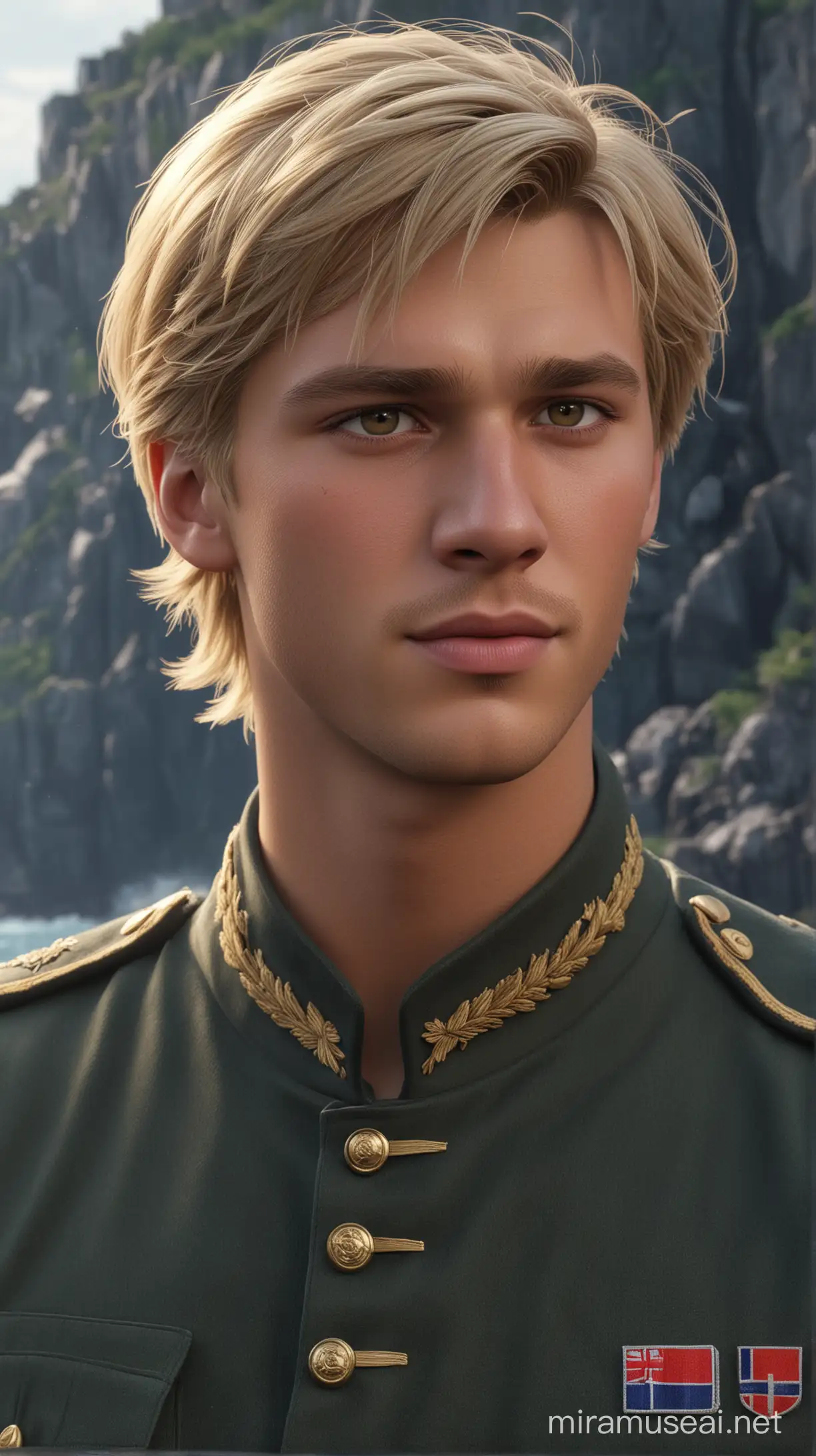 in a sea natural background military there are disney prince Kristoff is Norway 21-year-old and medium-long blonde hair, brown eyes and
 Norwegian military uniform navy face beautiful 8k re solution ultra-realistic
