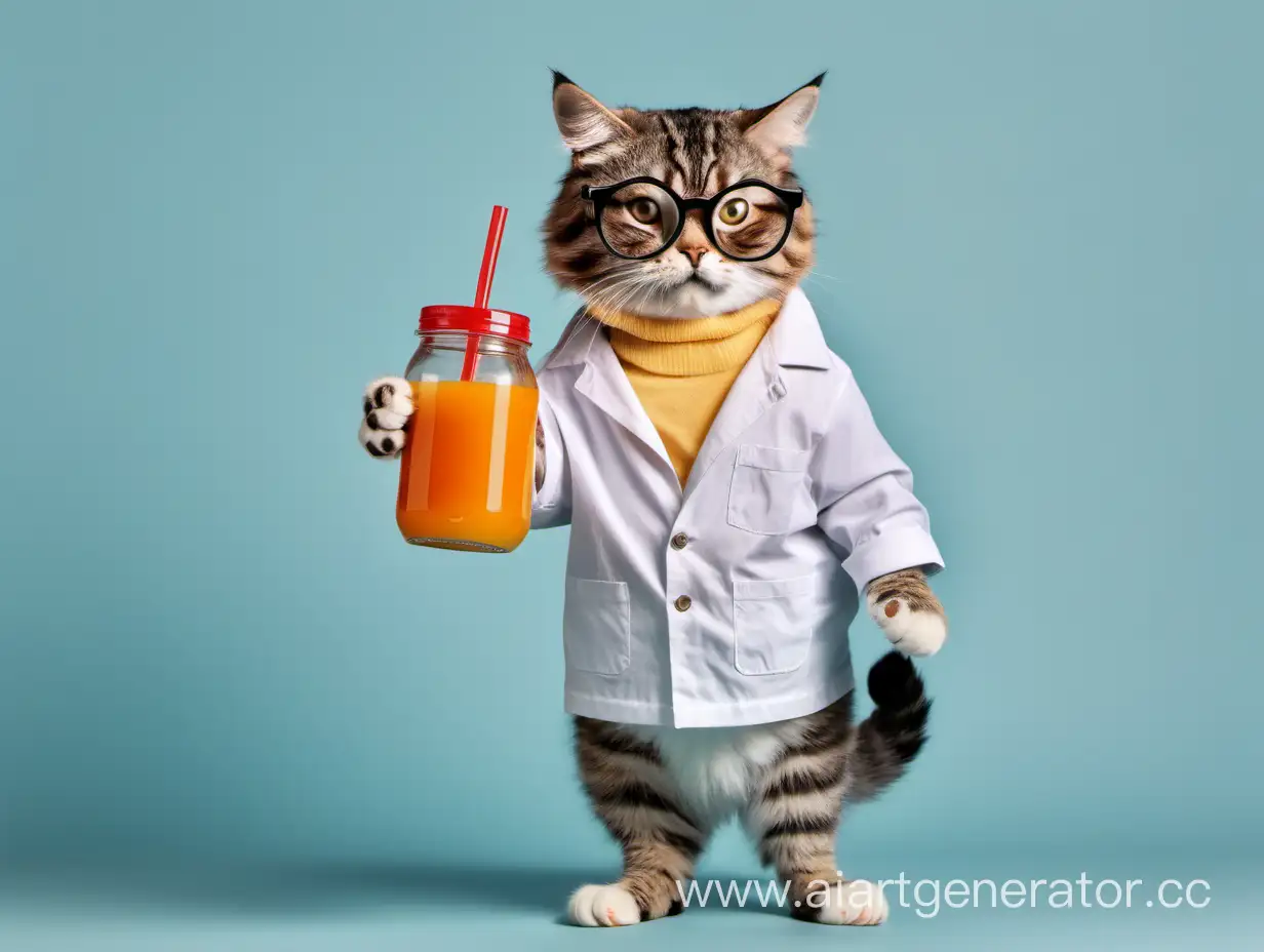 Кот в очках стоит и держит в своей лапе банку с соком