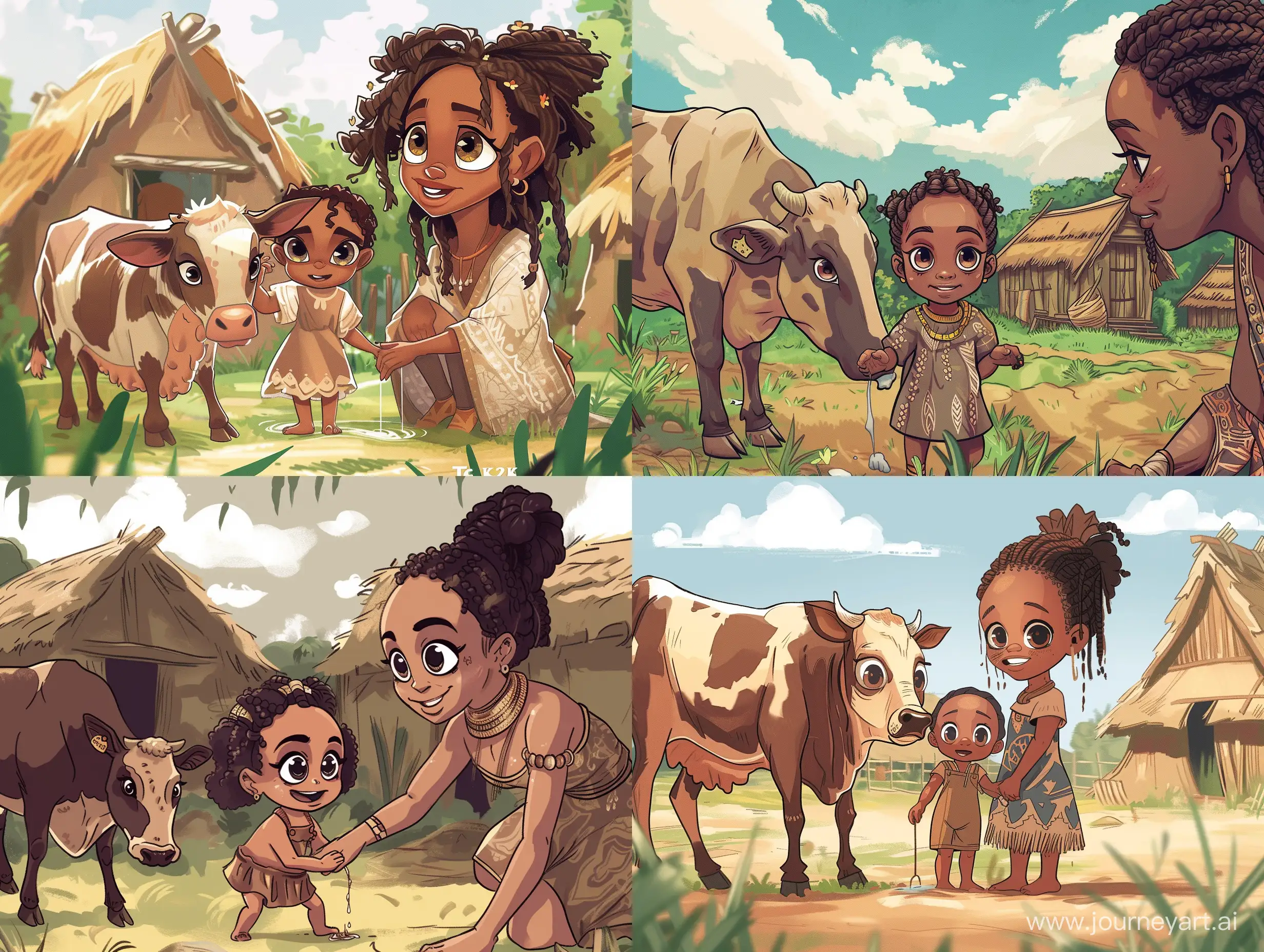 An illustration of tino an African 2 year old girl with expressive big eyes helping her mother milk a cow. The surrounding have 2 huts and Tino's mother Tekat beautiful woman with braids and a village dress. All should be express as cartoon aime characters