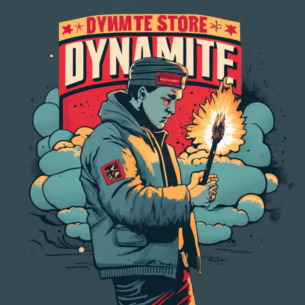 logo, A footbal hooligan wearing a stone island jacket and demin jeans, holding an firecracker in his right hand and a burnig torch in his lift hand. In the background he has smoke and further in the background there is an fire and a explosion, with the text "dynamite store
", typography