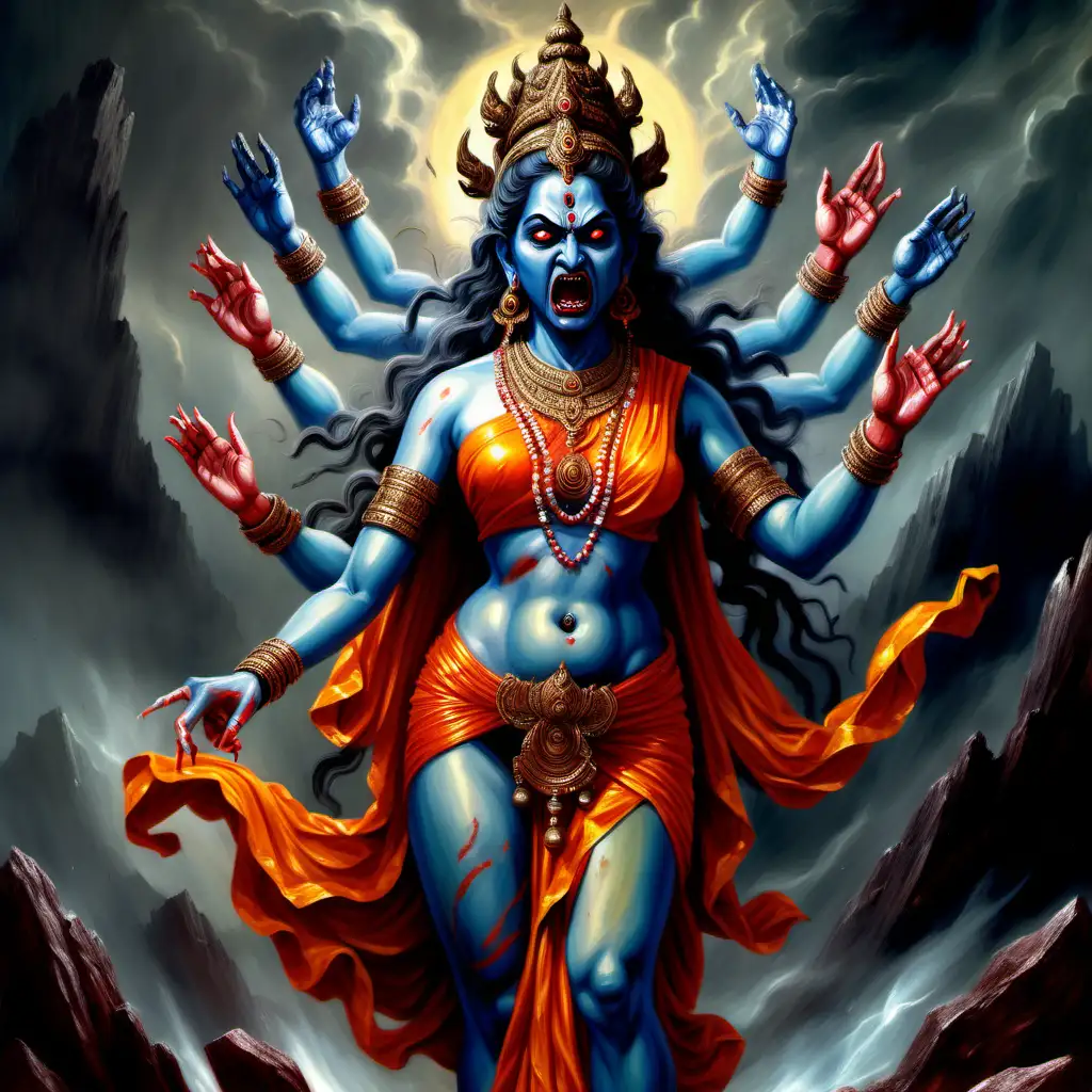 terrifying hindu deity, angry goddess, realistic painting, horror, with clothes 