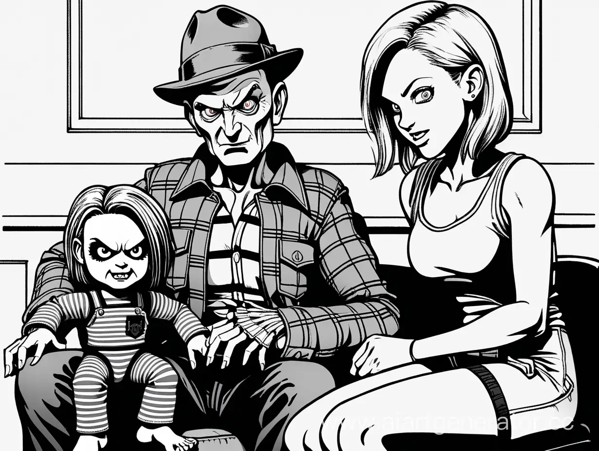Jill-Valentine-Sitting-with-Chucky-and-Freddy-Krueger-in-Noir-Cartoon-Style