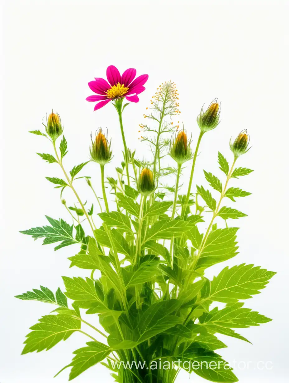 annuals wild flower 8k ALL FOCUS with natural fresh green leaves on white background 