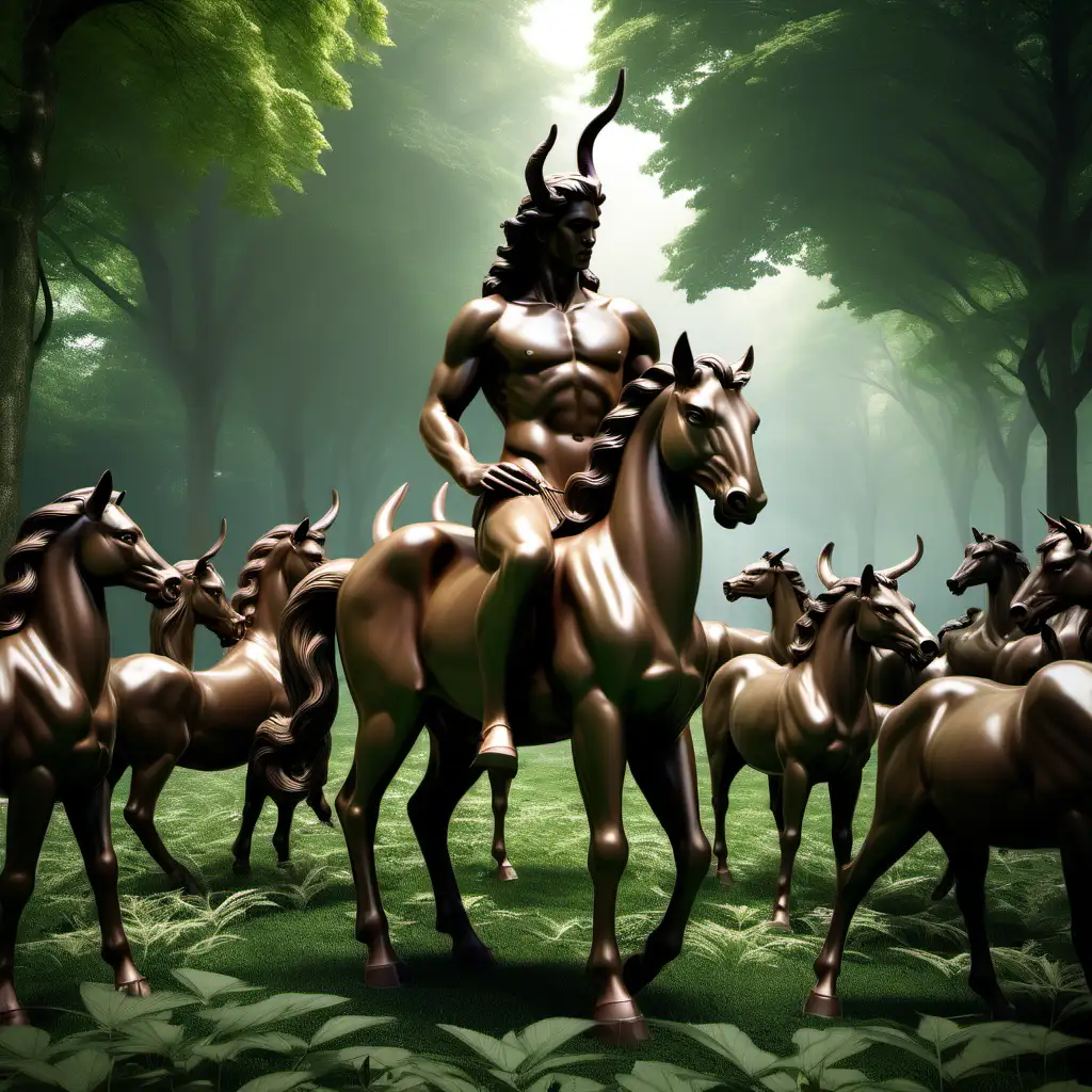 an expansive natural enclave adorned with centaur symbols. Lush landscapes and meadows are marked with clan patterns, and the air is filled with the scent of earth and greenery. Central gathering areas showcase a grandiose statue of a centaur, symbolizing the clan's unity and strength. The atmosphere is charged with an aura of natural authority, blending the beauty of nature with the majestic presence of the Centaur Centinels Clan in their harmonious realm.