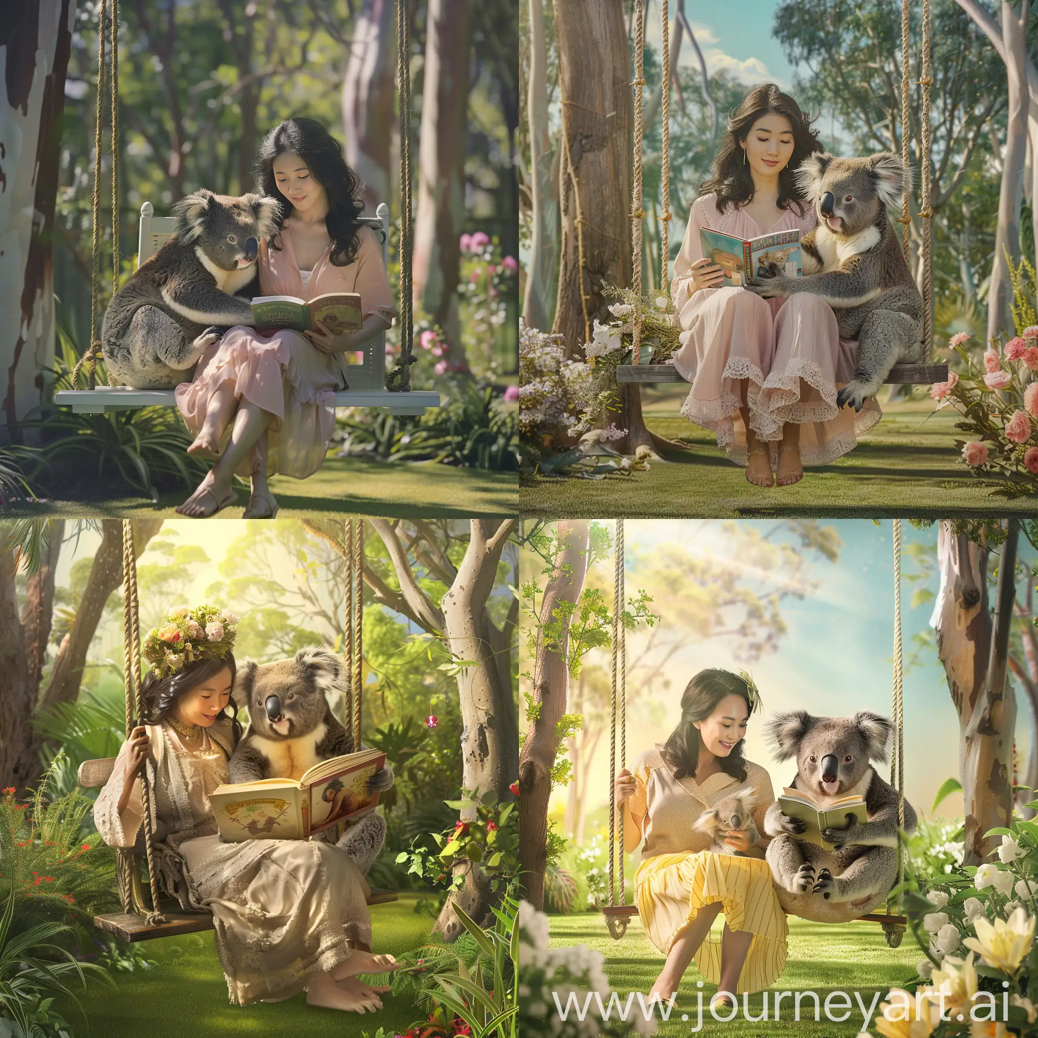 Serene-Garden-Scene-Asian-Lady-and-Koala-Reading-Together-on-a-Swing