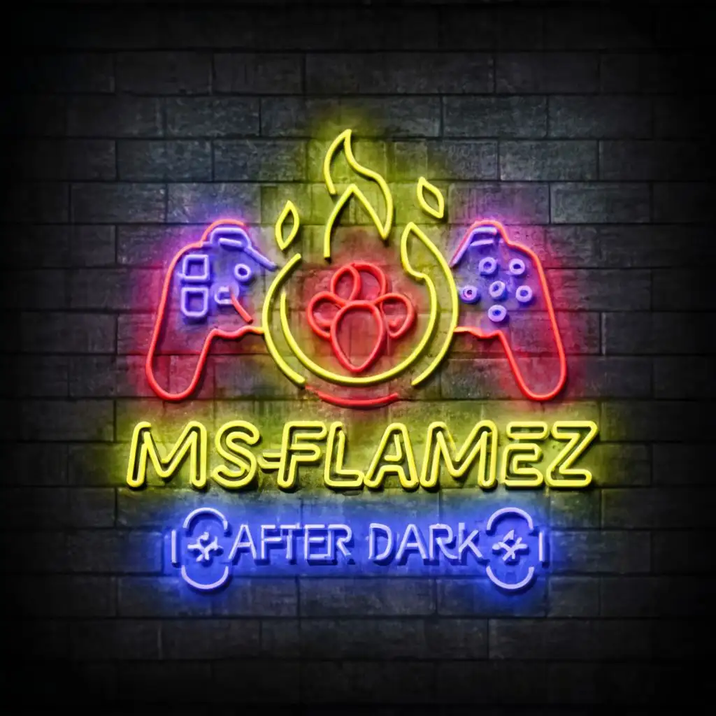 logo, Fire, neon logo, rose pink, red, yellow, orange fire, 3d, shot glass, food plate, gaming controller, with the text "MsFlamez After Dark", typography
