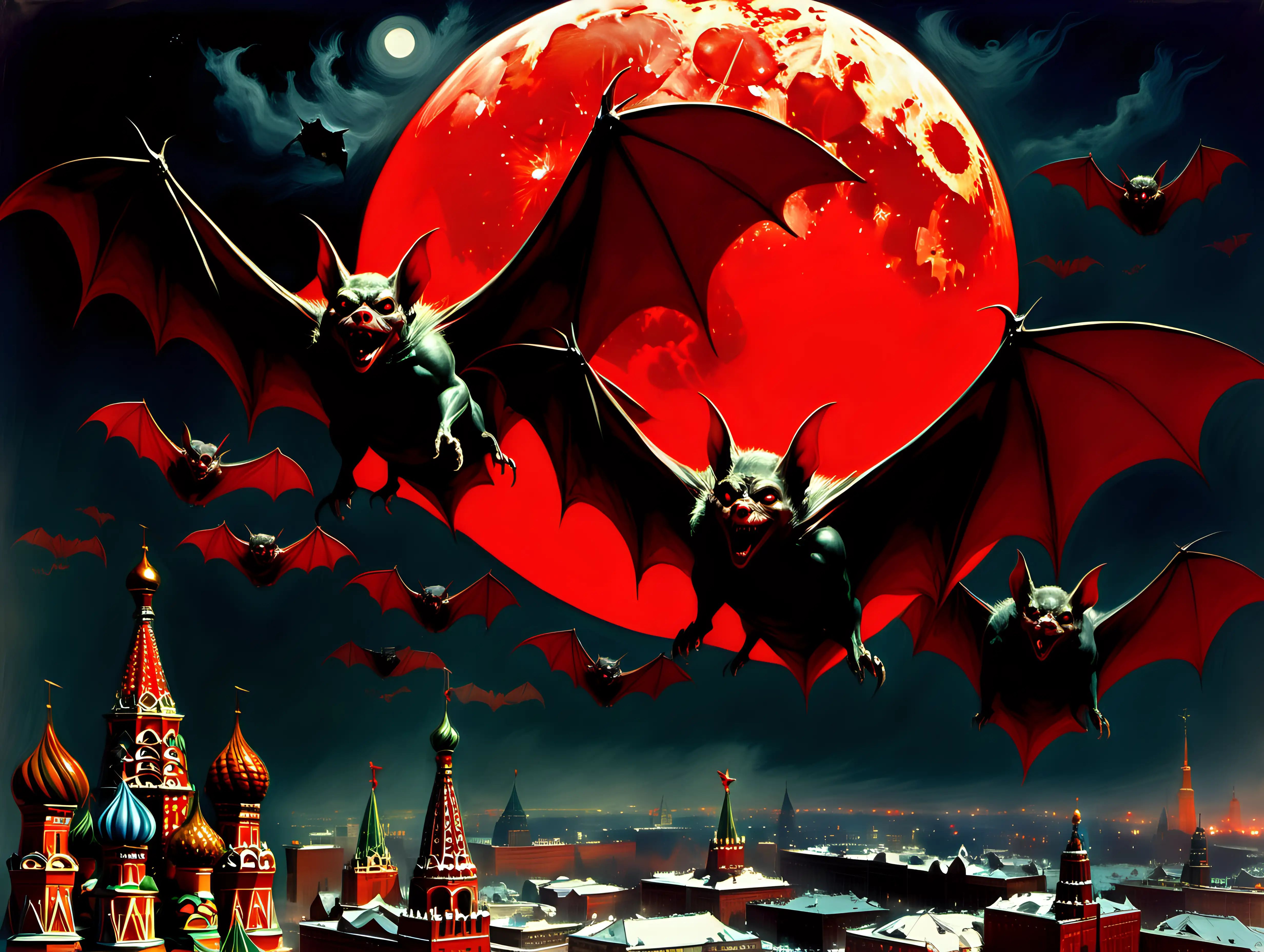 Vampire bats flying over Moscow 1940 at night huge red moon
Frank Frazetta style