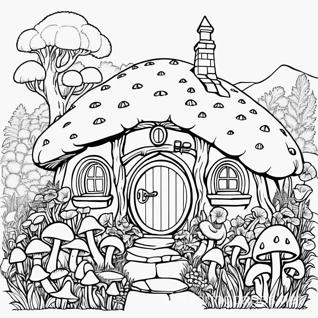 Hobbit-Home-with-Mushroom-and-Poppy-Flower-Garden-Coloring-Page