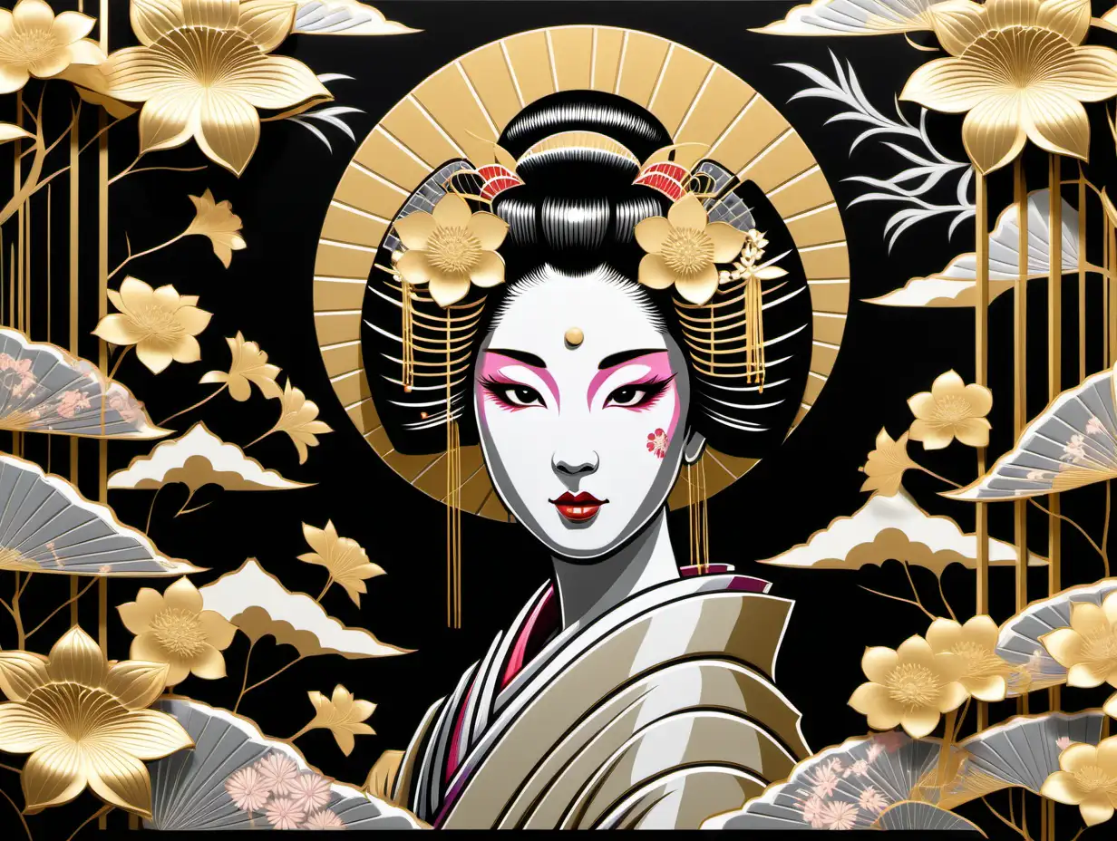 Pop Art deco, gold, and silver elements are combined with a Japanese geisha, a garden of flowers, and a black background to create a detailed composition