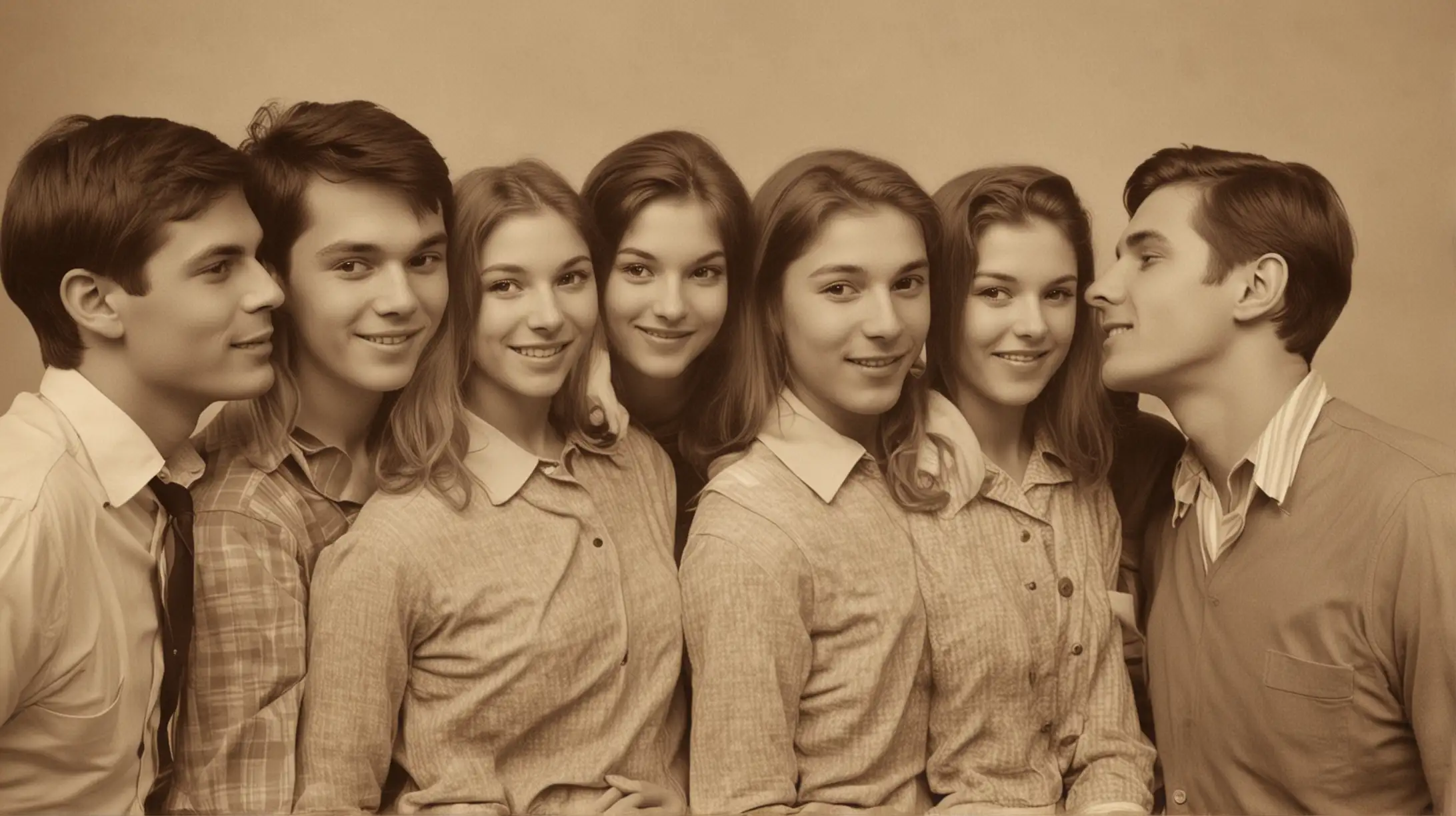 Group of Seven 18YearOlds Embracing in Romantic 60s Sepia Tones