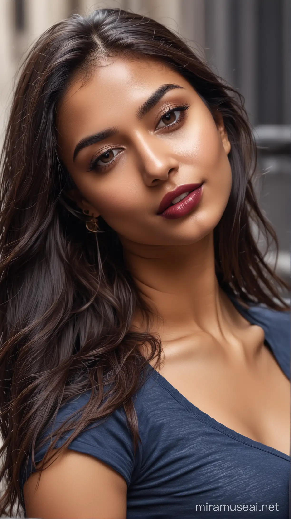 Very stunning, beautiful and sexy 22 year old Indian woman sensually dressed in an expensive beige and navy-blue t-shirt, French look, glossy look, seductive look, maroon lipstick, long slightly wet hair, glow on face, subtle smile, intricate details, lying on wet street, photo realistic, Paris related art in grey-scale is on t-shirt, only t-shirt and face shown, 4k, vivid colours, dramatic lighting