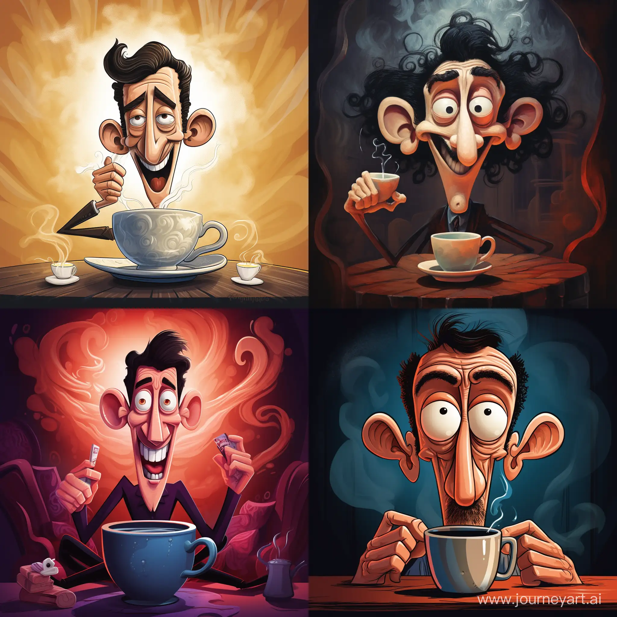 man with a big nose sitting inside a cup of coffe while smoking. exaggerated cartoonish.