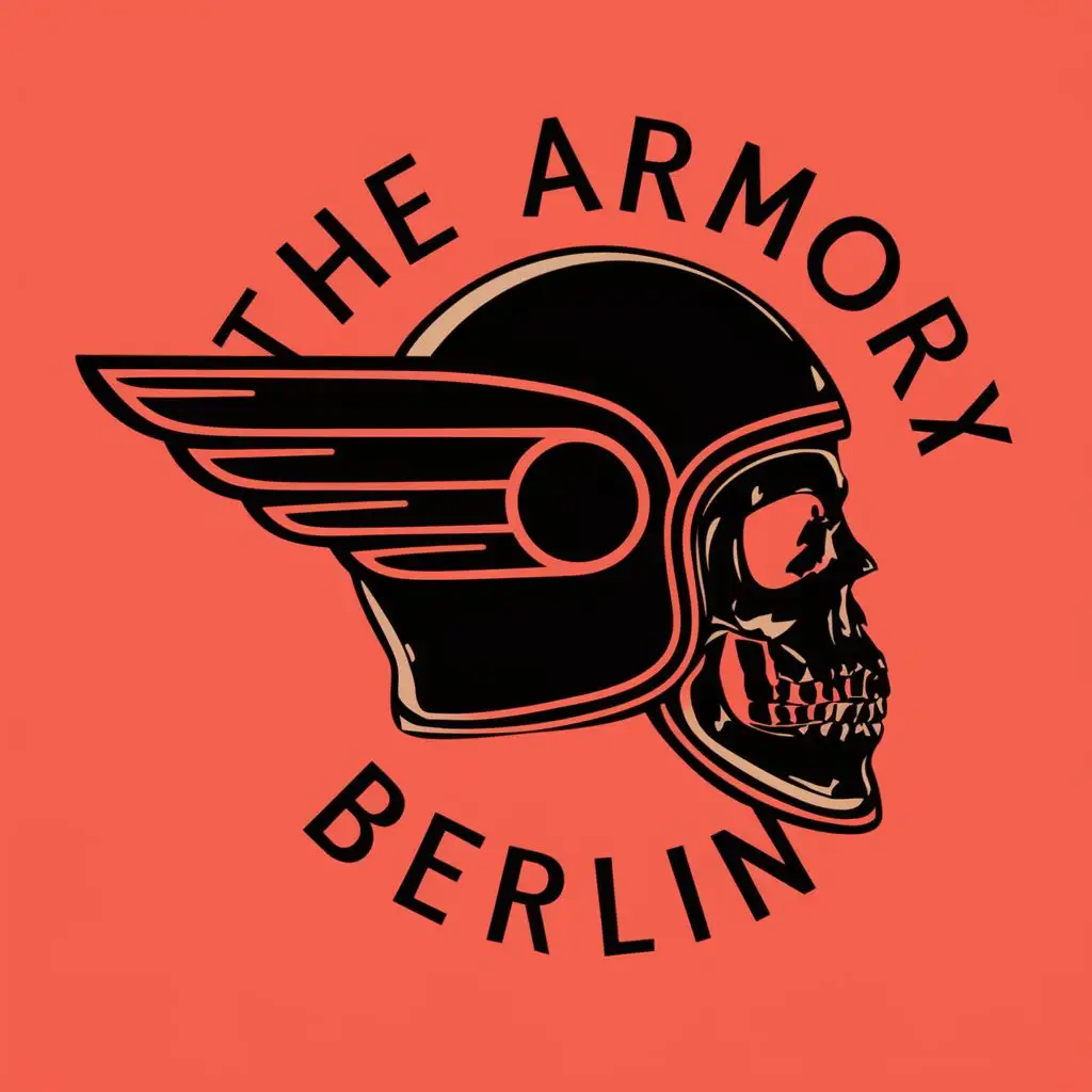 logo, Skull in a Motorcycle Helmet with wing seen from the side in a 1960s psychedelic style, with the text "The Armory Berlin", typography, be used in Retail industry