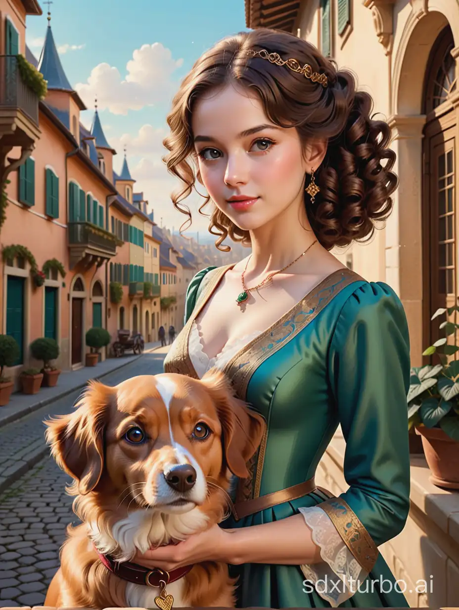 Create a charming picture! The woman portrayed has an air of classic beauty, with intricate curls in her hair and deep, engaging eyes that really do draw you in. She's dressed in a style that suggests a touch of historical fashion, which complements the lush, detailed background. And that adorable dog adds such a homely touch, nestled comfortably among the opulent surroundings.