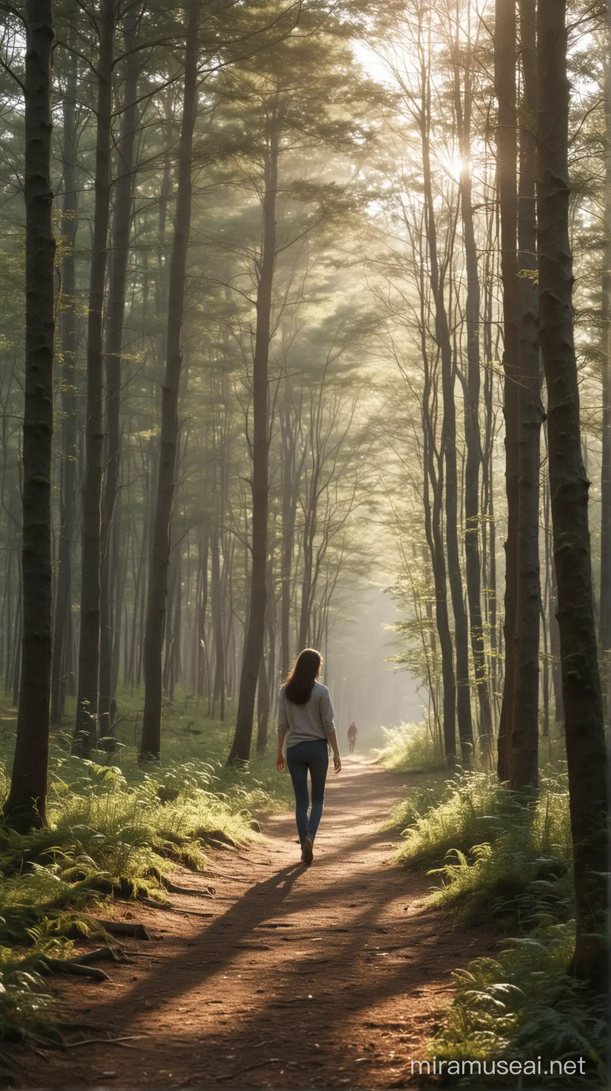 A young woman walking through a forest clearing, embodying tranquility and composure. The scene captures her in a peaceful, natural setting with soft light filtering through the trees, creating a calm and serene atmosphere. She is alone, yet appears content and at ease, harmonizing with the quiet beauty of the forest around her.