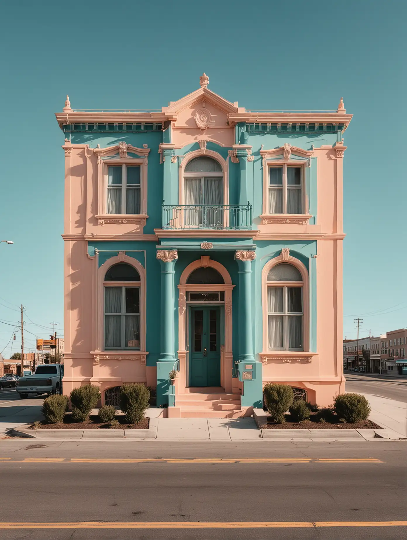 Wes AndersonInspired Building in Teal and Peach Under a Blue Sky