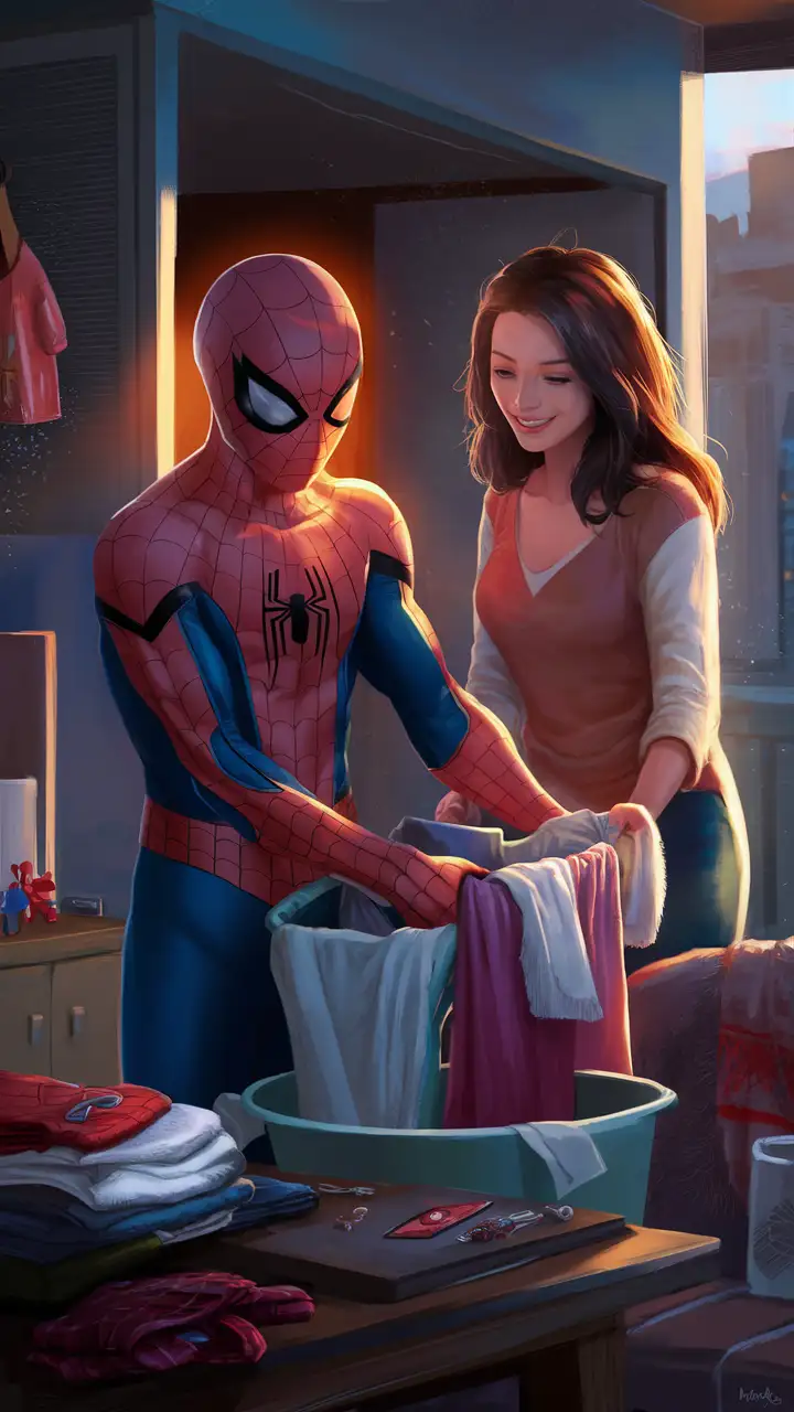 Spiderman washing his wife's clothes at home. Spiderman's wife is standing beside him