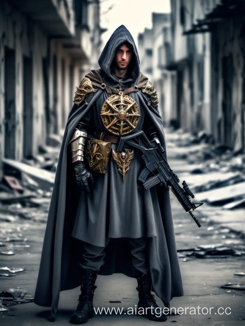 Mysterious-Wanderer-in-Cloak-and-Armor-with-Pendant-on-Abandoned-Street