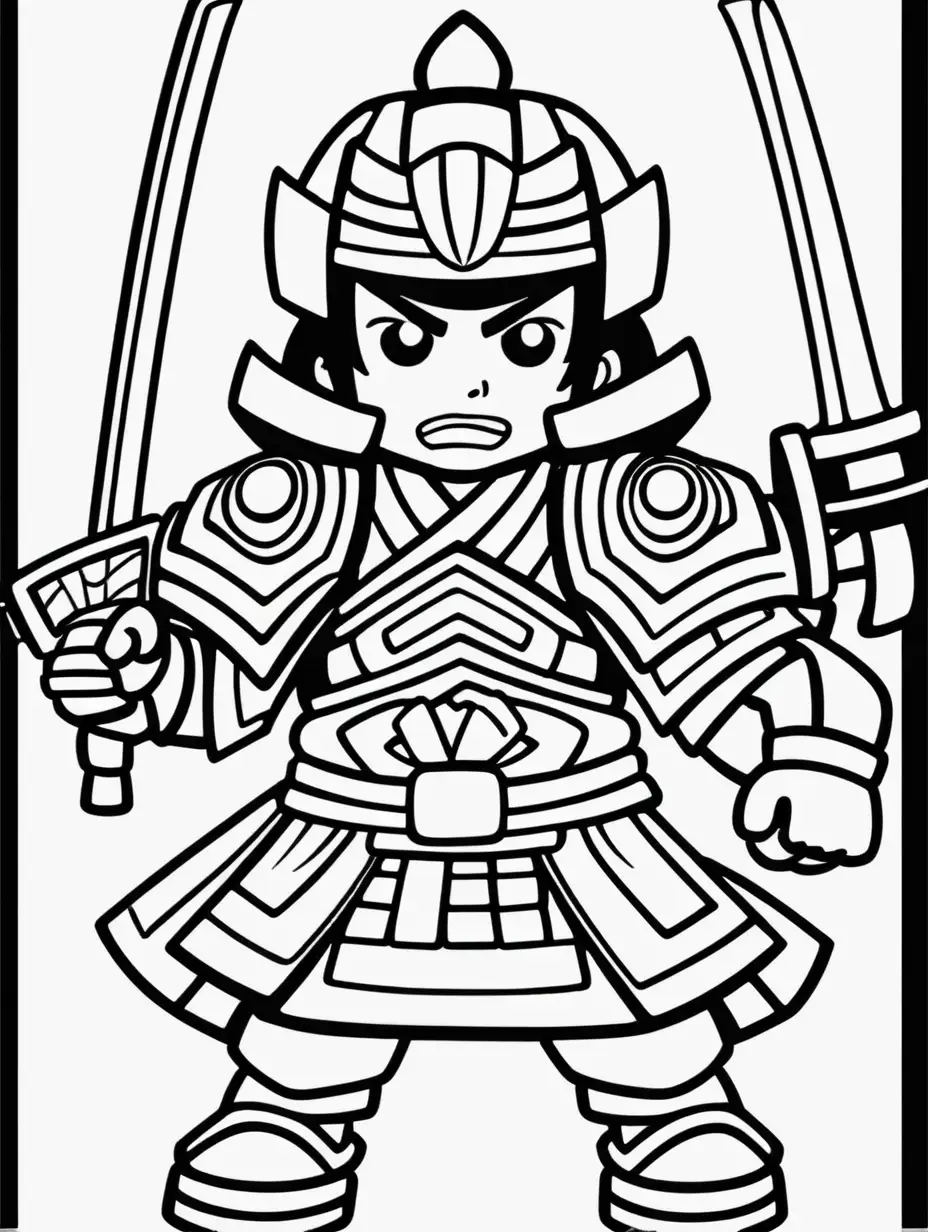 Create samurai warriors cartoon black and white coloring page for kids with thick lines, no shading, low detail.