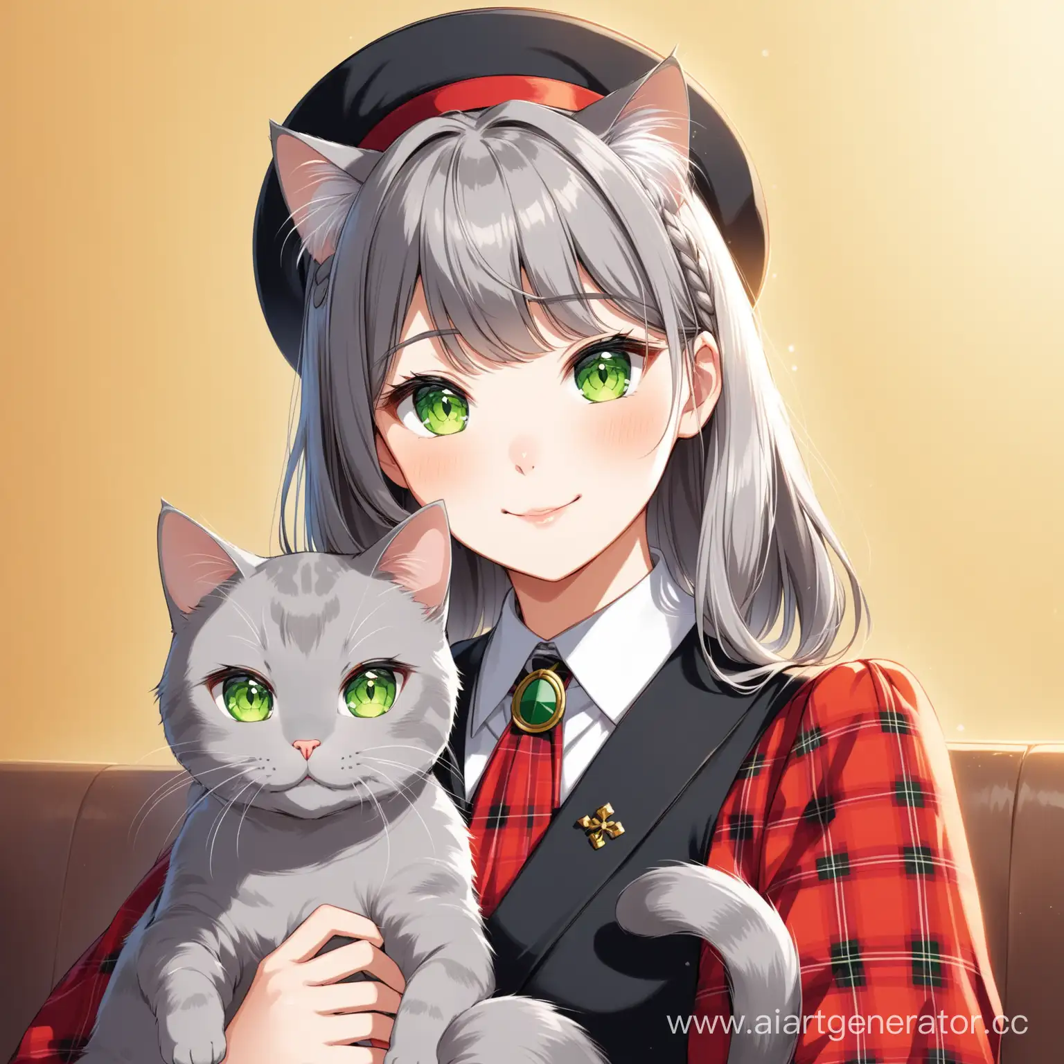 шотландский серый кот с зелеными глазами сидит на плече у хозяйки