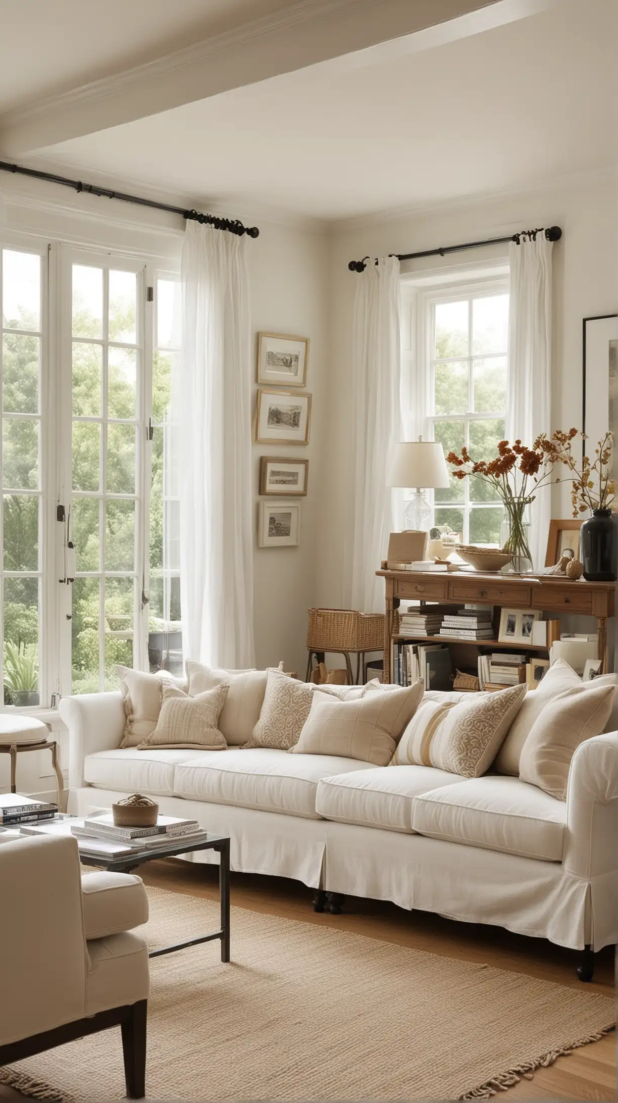 Create picture for Nancy Meyers Living Room and make sure it should be attractive and realistic. Make sure that every single object in the picture should be clear means full overview of the idea not a single object. The idea could be related to one or two items changing in the whole living room but you have to first analyze the theme and then create a whole picture of living room while implementing that idea into it. Only create one image to demonstrate the whole idea please. Here's the idea to create the picture [White Slipcovered Sofas

I love the idea of white slip-covered sofas because they're not only stylish but also incredibly versatile. They create a bright, welcoming feel in the living room and the best part? The slipcovers are easy to clean, making them perfect for homes that want both comfort and style without too much fuss.]