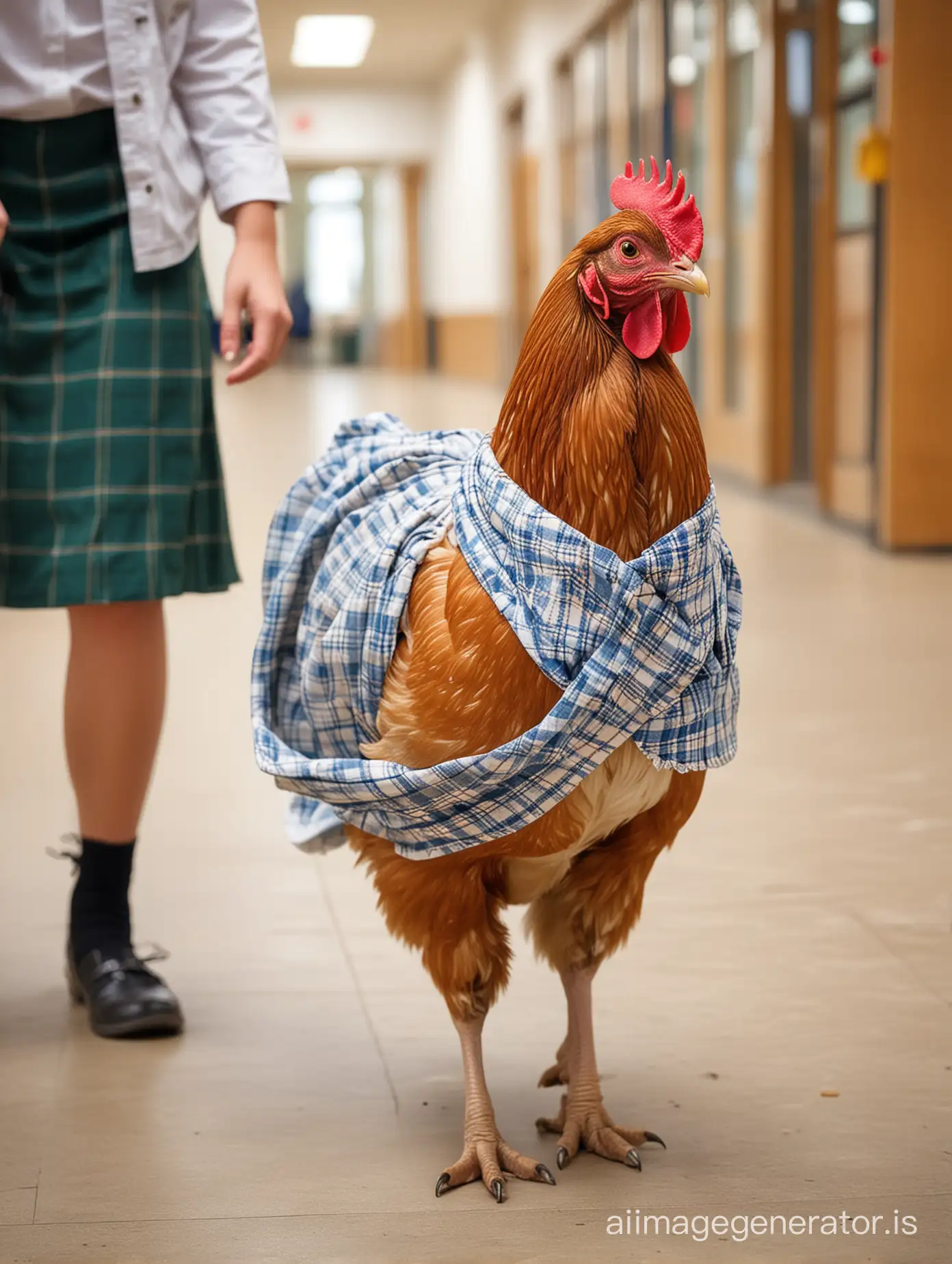 a hen that wearing schol manger cloths walking in the school. show details and school atmospher properly