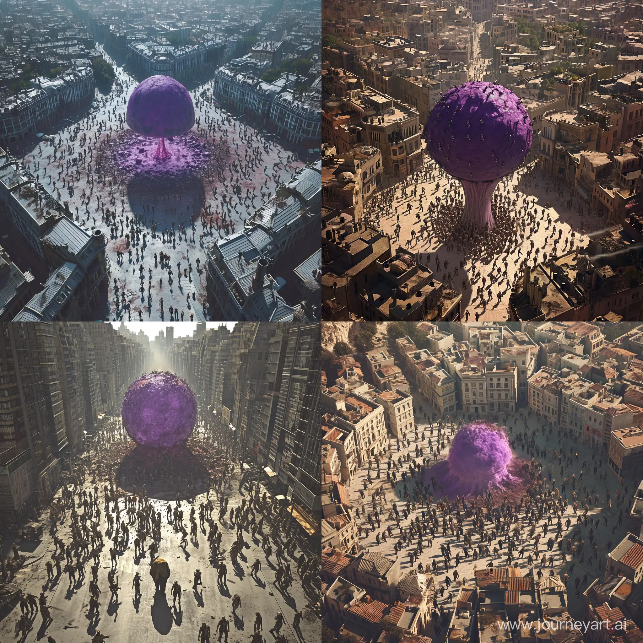 A large city with zombies walking through the streets. In the center is a purple nuclear mushroom.