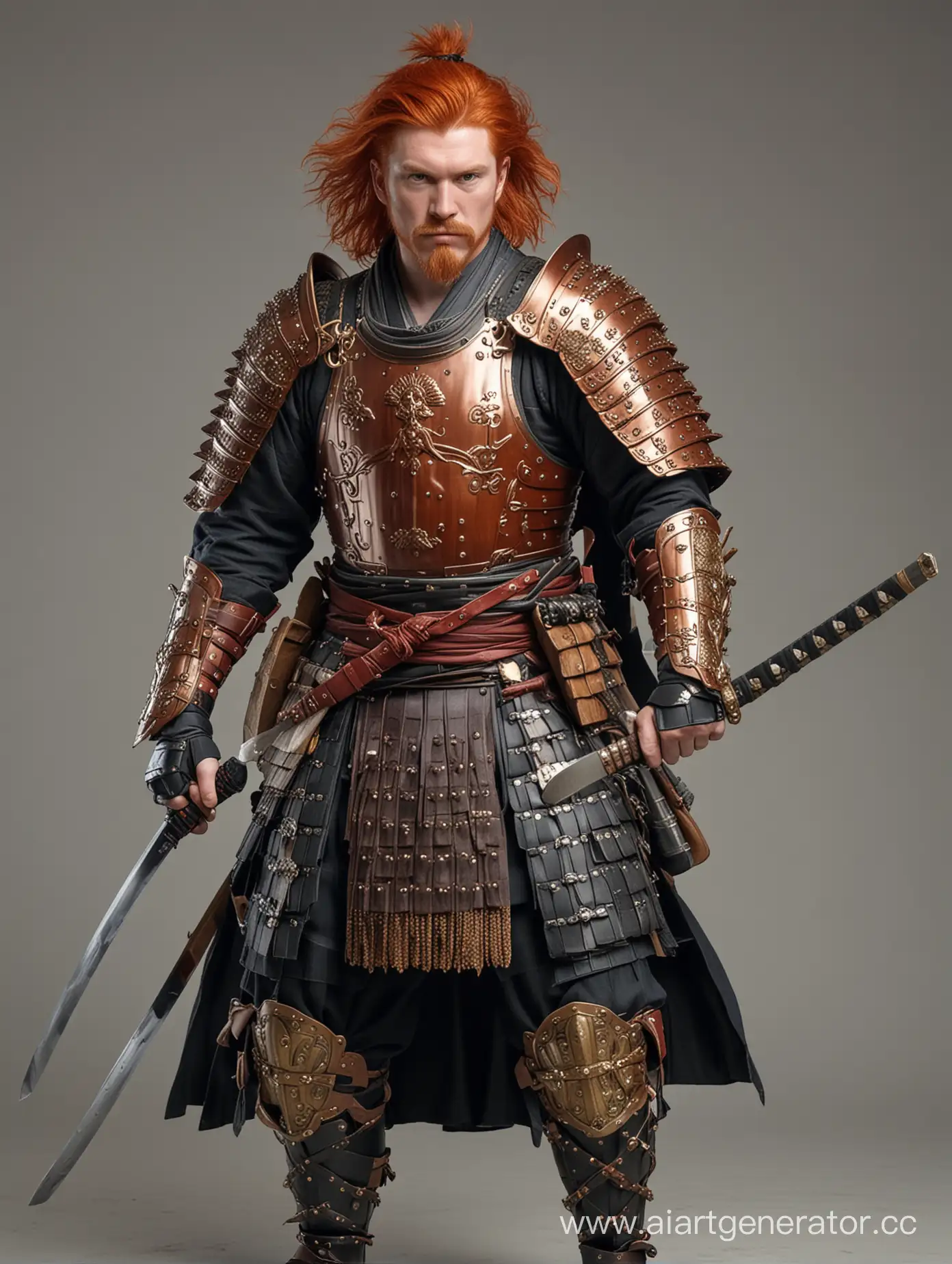 a Scottish medieval red-haired warrior in armor, with elements of a Japanese daimyo costume, full-length, with katanas and two-handed medieval swords