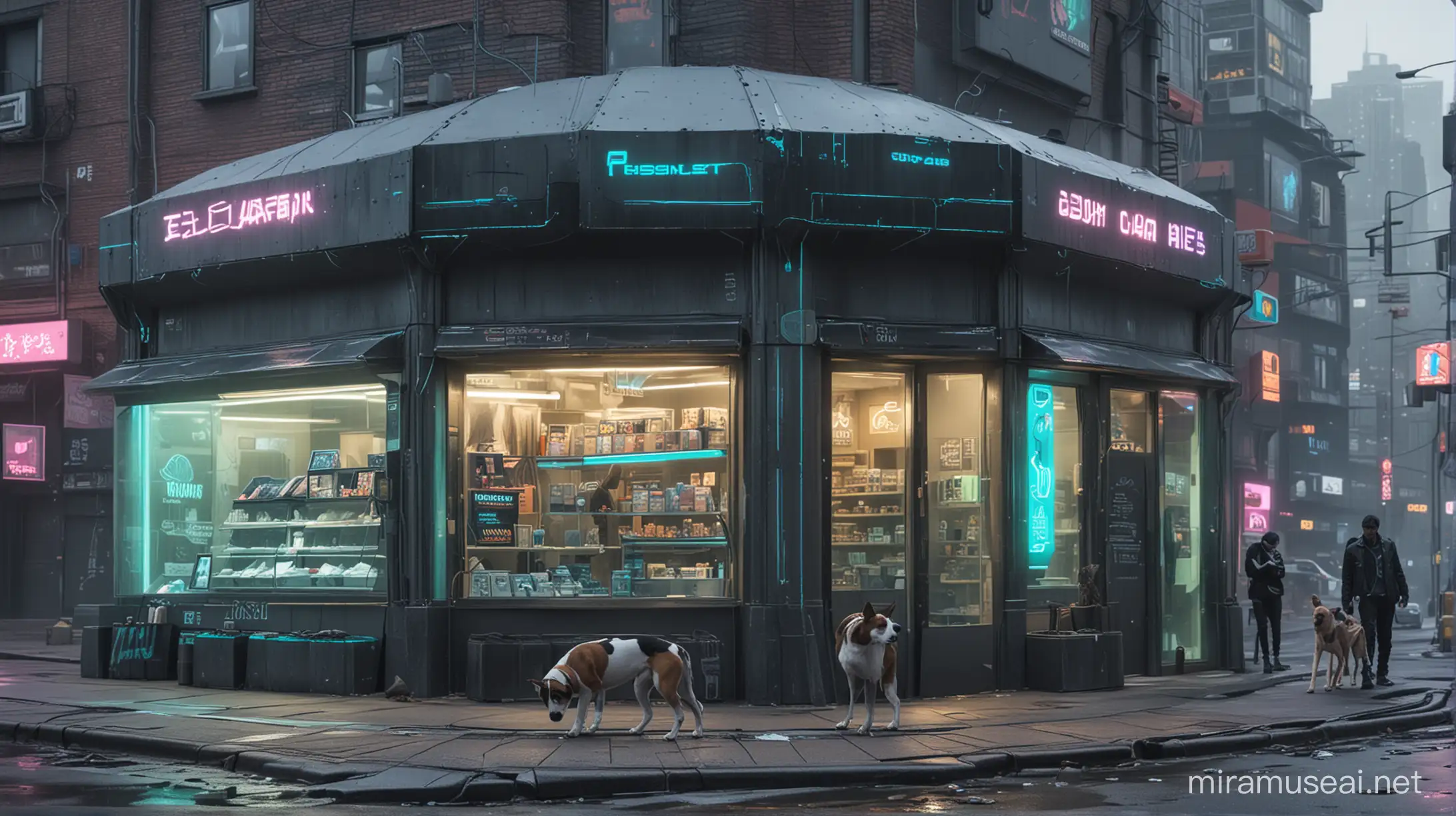 Futuristic Pet Store in Cyberpunk City Street