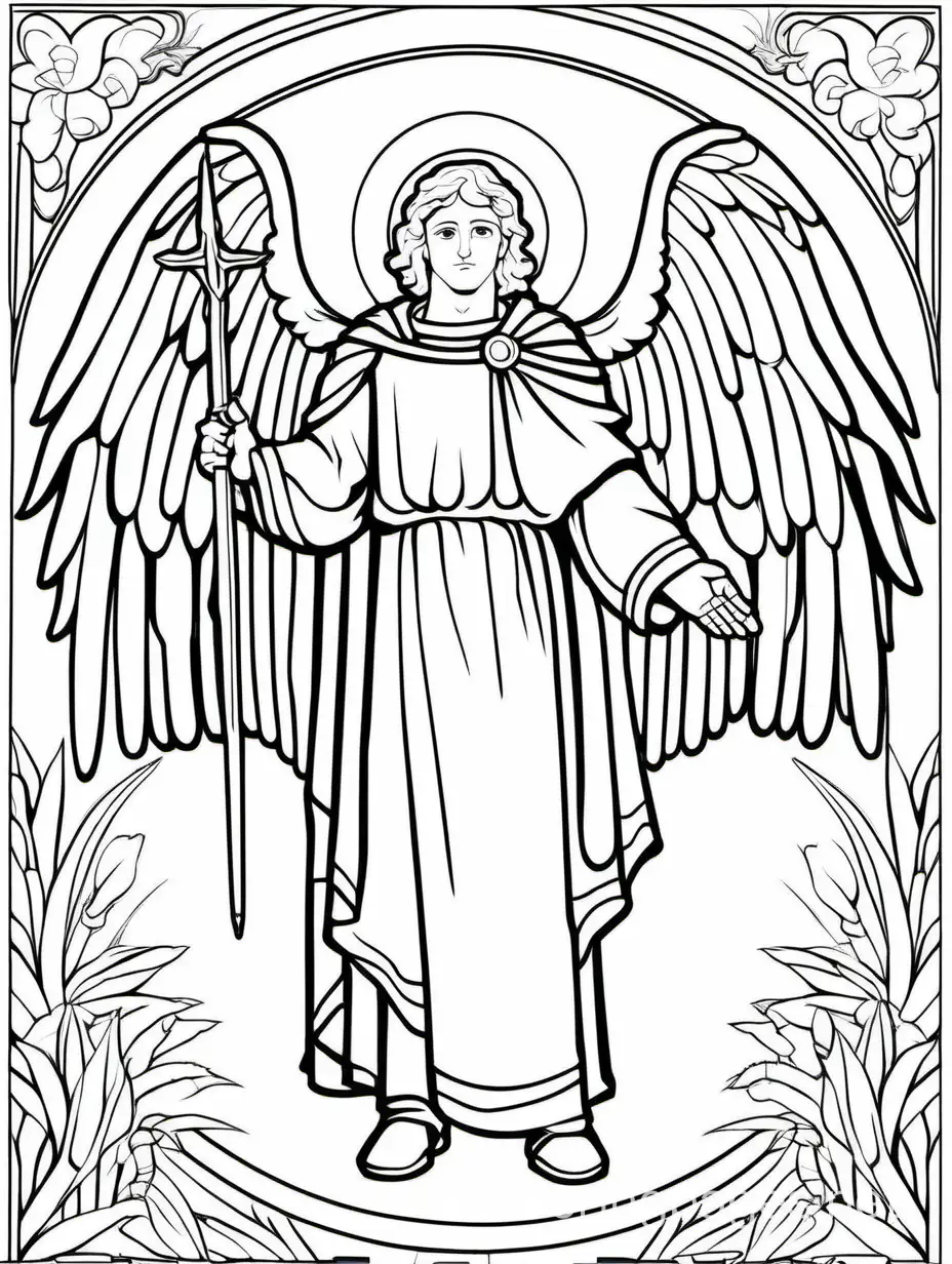 archangel Rafael, Coloring Page, black and white, line art, white background, Simplicity, Ample White Space. The background of the coloring page is plain white to make it easy for young children to color within the lines. The outlines of all the subjects are easy to distinguish, making it simple for kids to color without too much difficulty, Coloring Page, black and white, line art, white background, Simplicity, Ample White Space. The background of the coloring page is plain white to make it easy for young children to color within the lines. The outlines of all the subjects are easy to distinguish, making it simple for kids to color without too much difficulty
