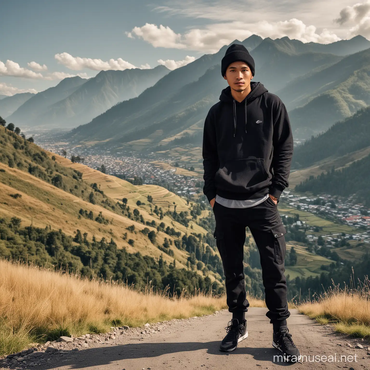 Young Indonesian Man in Black Hoodie with Canon Camera Against Mountain Backdrop