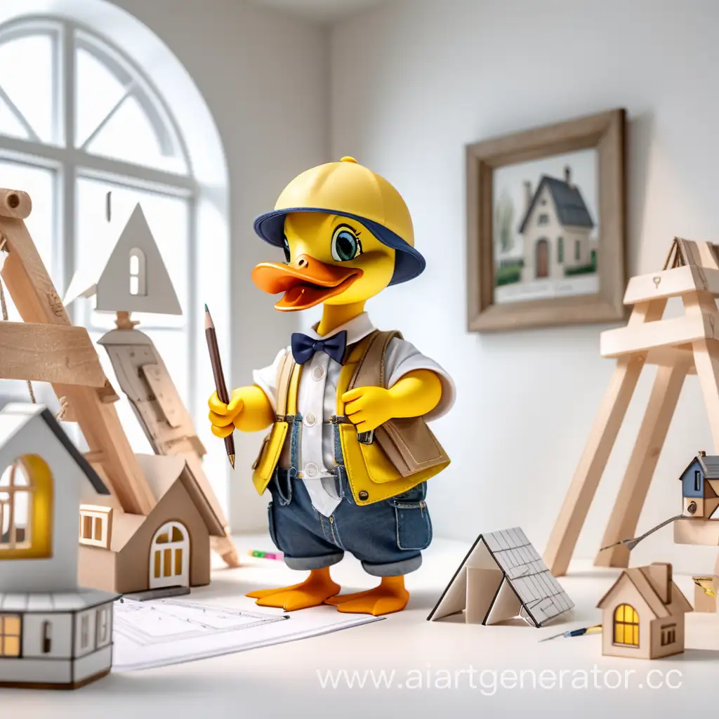 animated duckling dressed in architect style outfit decorating House
