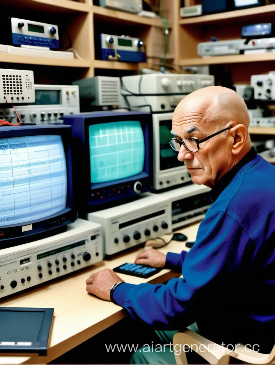 On the table in front of a handsome bald grandfather in glasses sitting in profile to us on the screens of three computers are large start pages of different radio equipment shops, logos of these shops and radio equipment (receivers, transmitters, antennas, radios) are visible: he analyses the sites of competitors.