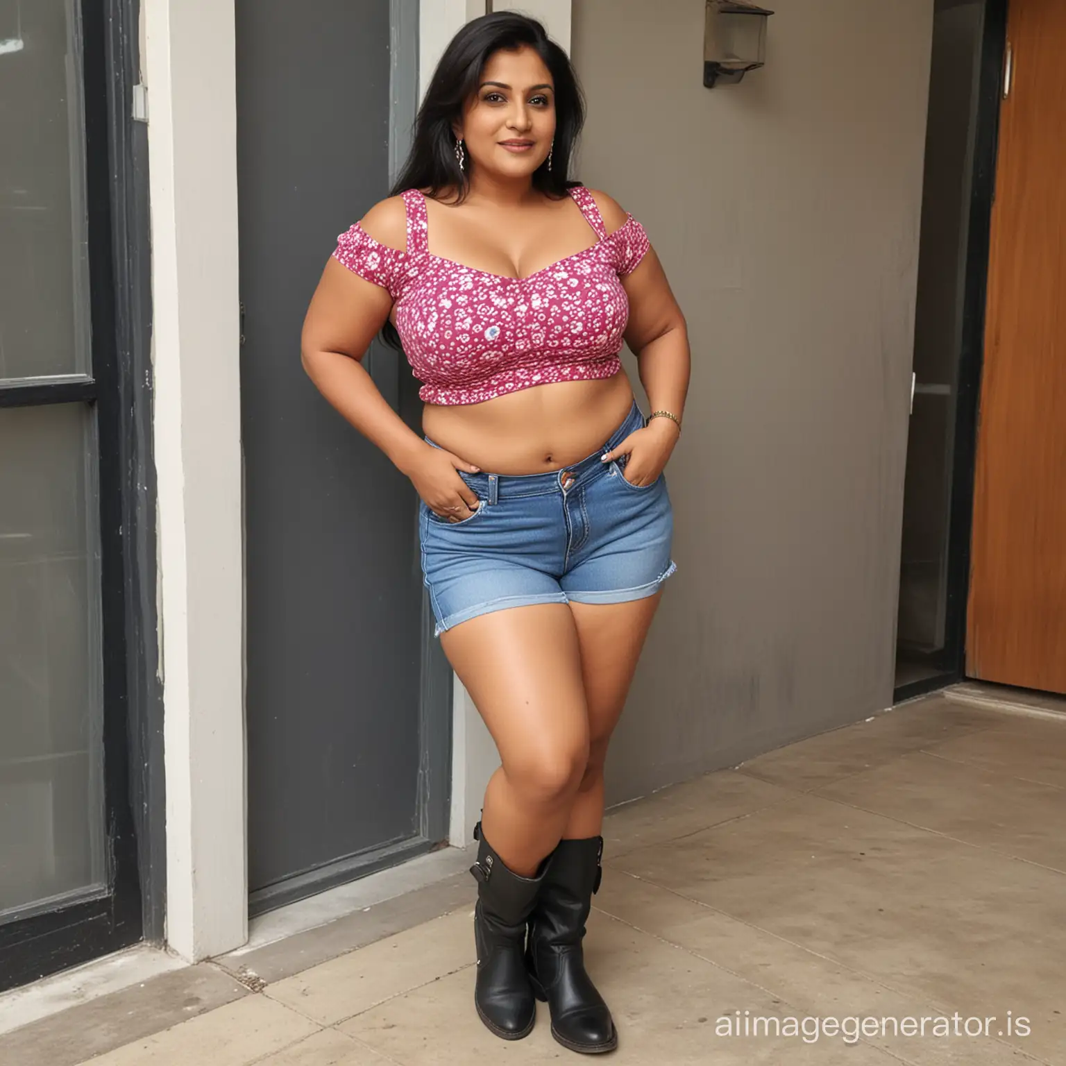 Hot chubby indian mom in her 50s wearing croptop and tight jean shorts and in boots. Curvy tall and sexy. Shows her cleavage. Her thighs are shown Has pretty curvy and chubby thighs