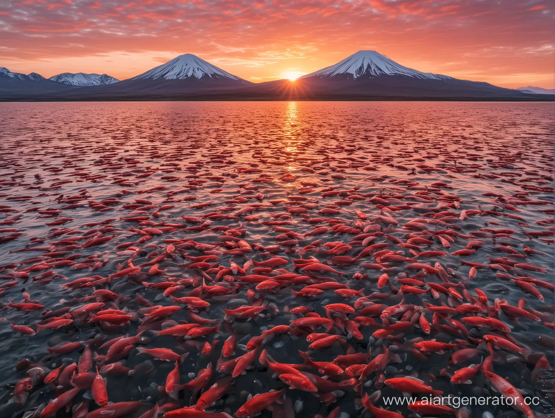 сгенерируй фото водоема Камчатки, в котором много красной рыбы, на фоне восхода солнца