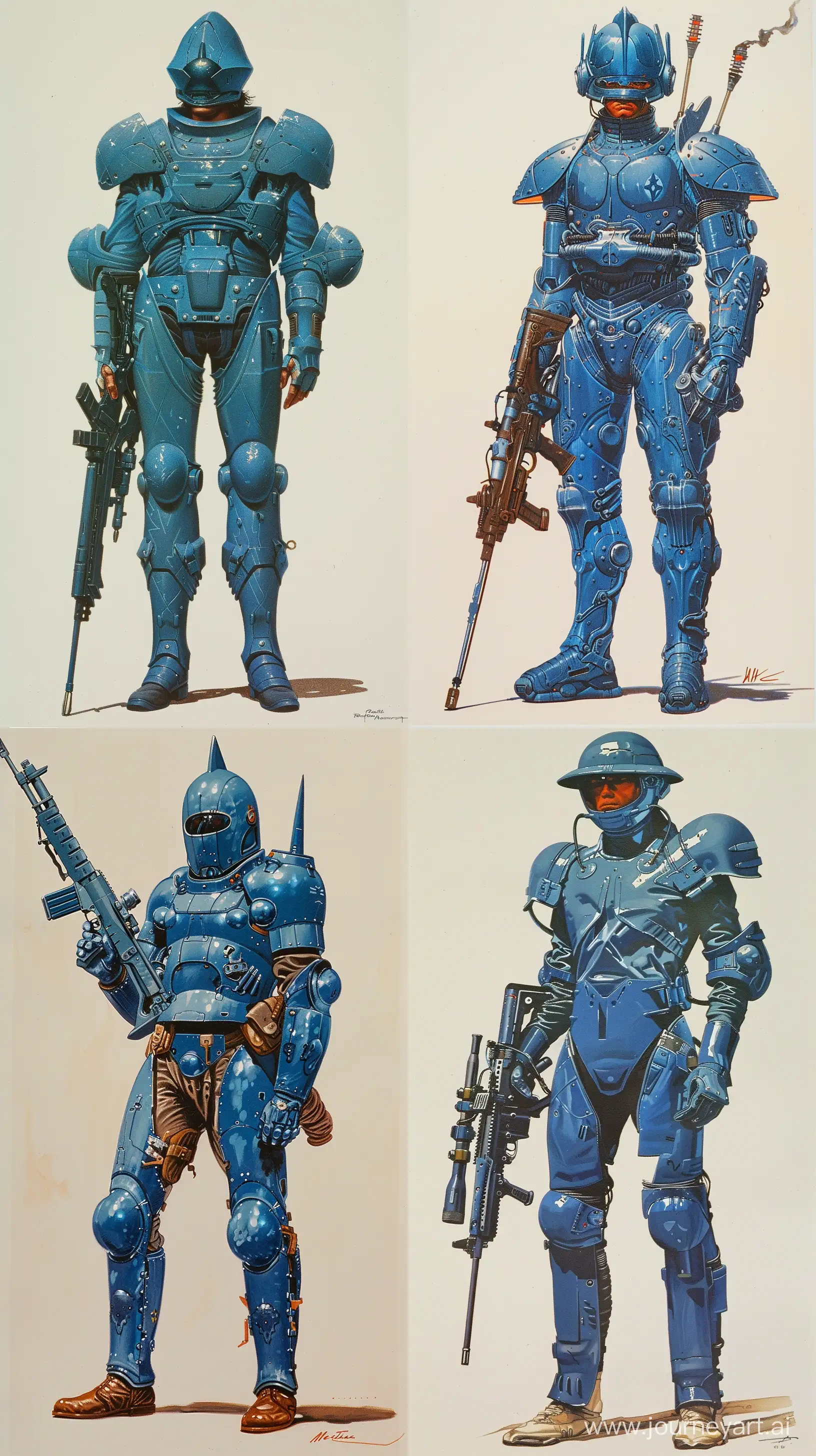 A tall man wearing a blue knight-like helmet and wearing a suit of blue plated knight-like military armor and holding a futuristic rifle painted by Ralph McQuarrie. entire body shown. feet shown. tall frame. retro science fiction art style. --ar 9:16

