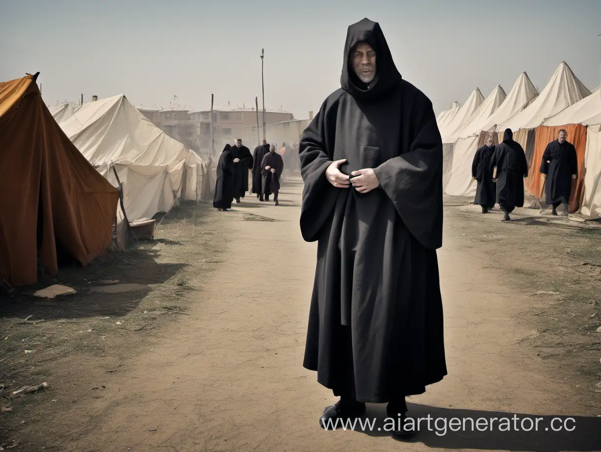 Monk-in-Cassock-Amidst-Tent-City-and-Robed-Monks