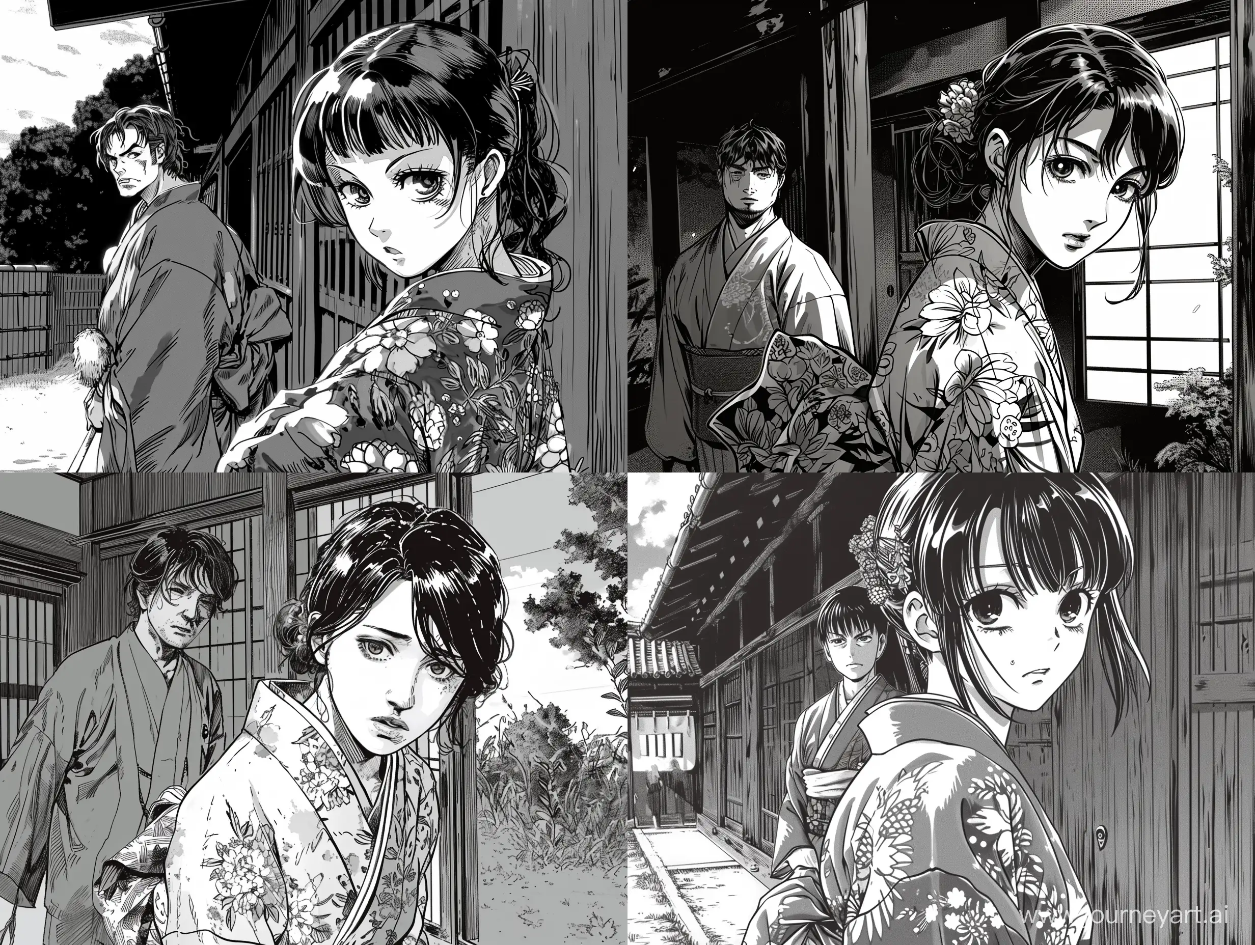 a manga panel, best quality, a woman in kimono tilt her head down and going toward the viewer with shy expression, behind her is a man with regret expression, ultra detailed --v 6 --ar 4:3 --q 2