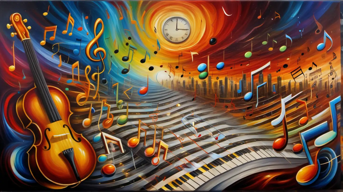 a masterpiece oil painting in subjective viewpoint  that expresses the passing of music through time, creative, artistic, expression, colorful, vibrant, profound