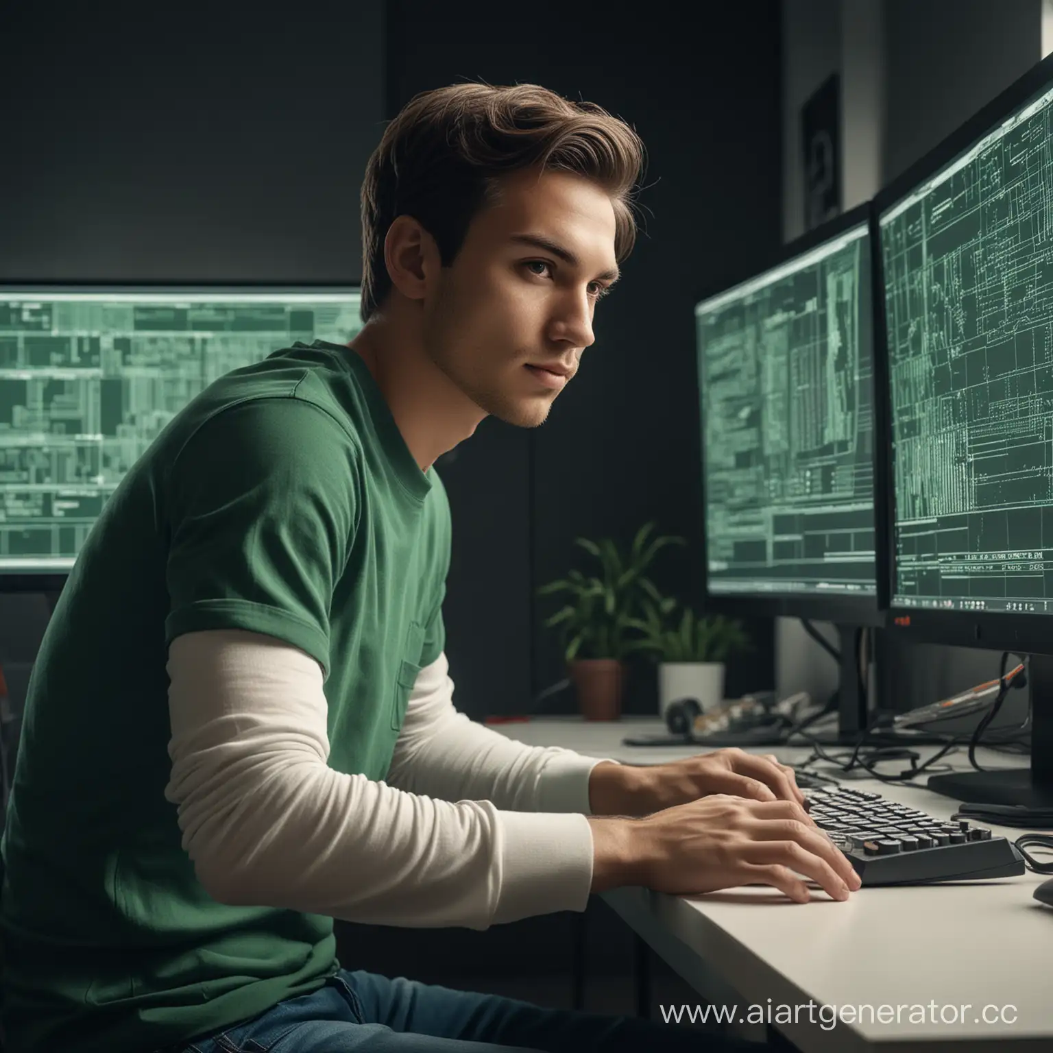 Stunning high resolution photo of a talented and handsome young ML engineer sitting in front of a huge monitor. He wears a simple T-shirt and jeans, displaying his casual yet professional demeanor. His hands are on the keyboard, he is completely immersed in the process of searching for information. Lines of program code are displayed on the monitor. The color palette is characterized by a predominance of black, green and white. The overall atmosphere is a mixture of creativity, focus and passion for knowledge, photography, cinematography and 3D rendering, cinematic, photography, 3D rendering.