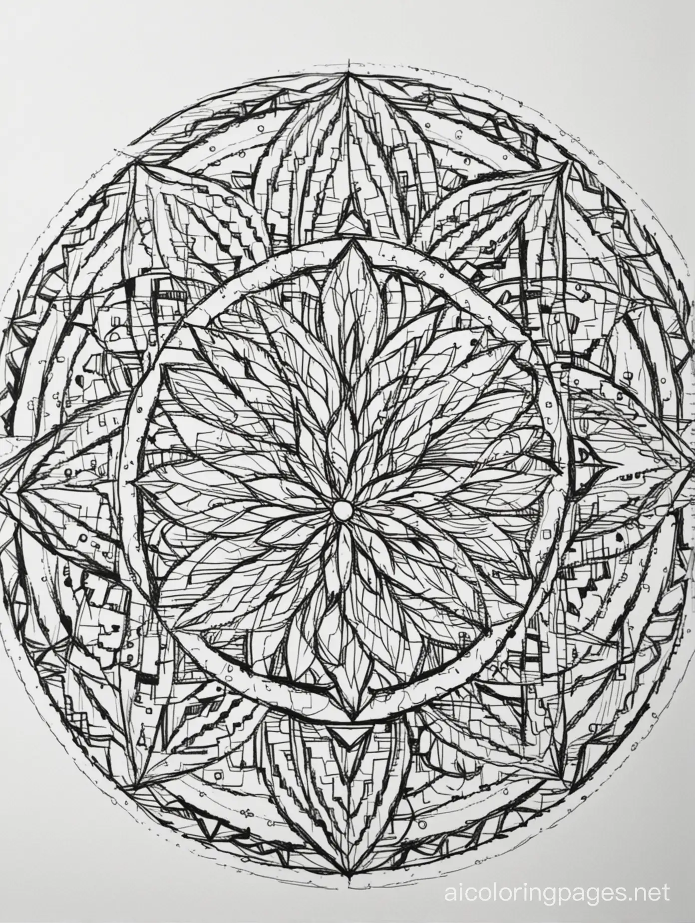 Create a geometrical Mandala coloring page , Coloring Page, black and white, line art, white background, Simplicity, Ample White Space. The background of the coloring page is plain white to make it easy for young children to color within the lines. The outlines of all the subjects are easy to distinguish, making it simple for kids to color without too much difficulty